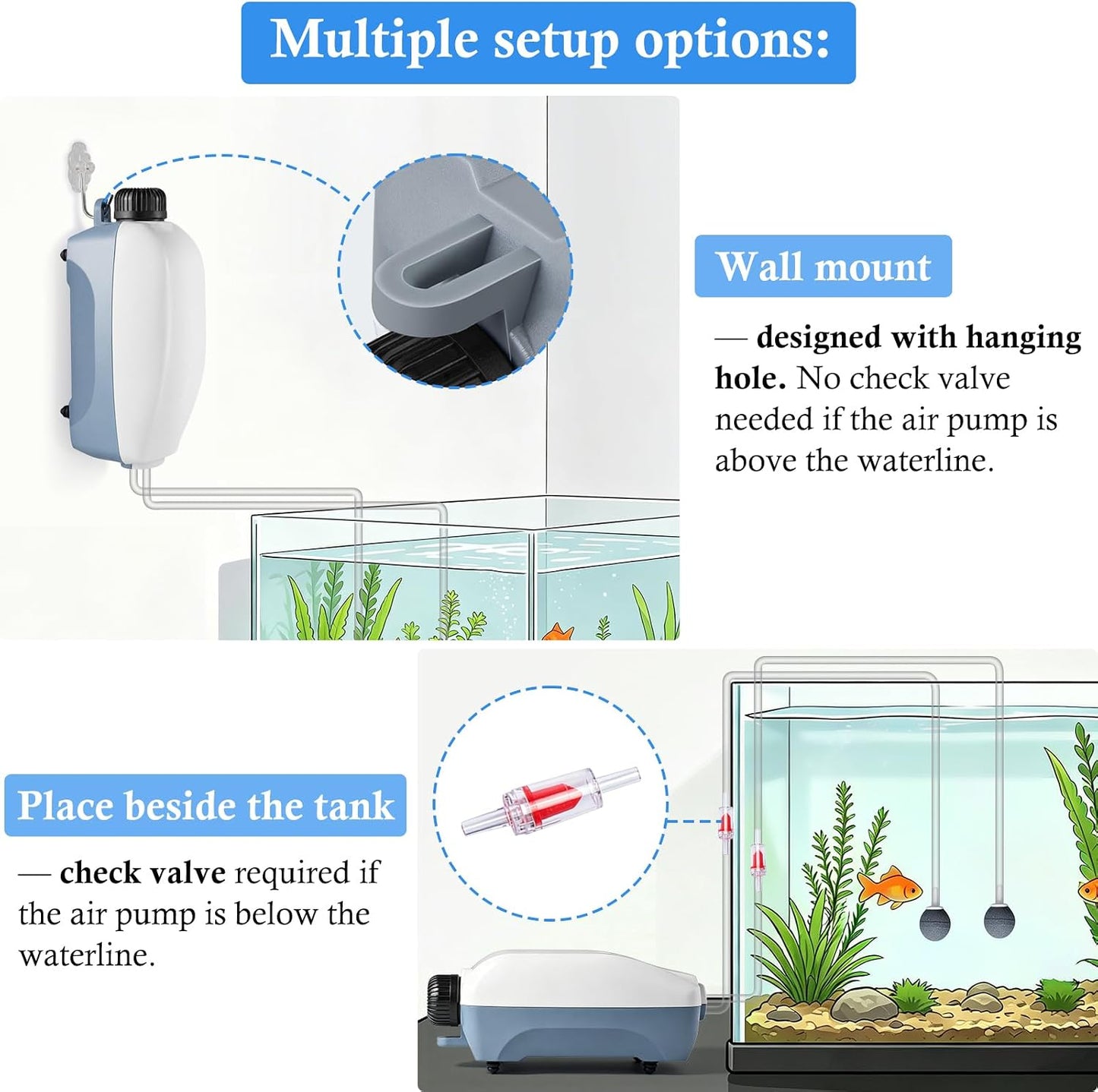 HITOP Dual Outlet Aquarium Electric Air Pump, Whisper Adjustable Fish Tank Aerator, Quiet Oxygen Pump with Accessories for 10 to 100 Gallon