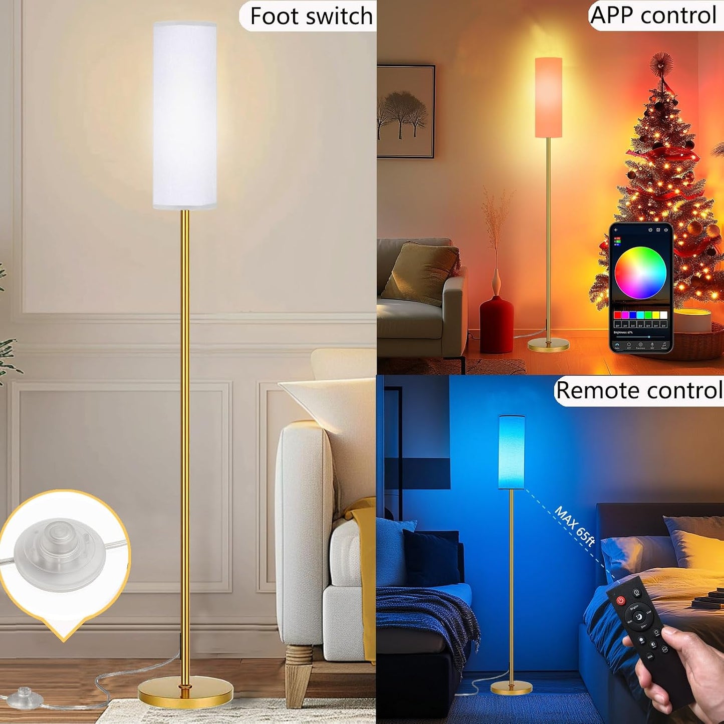 Qaubauyt Smart LED Floor Lamp with APP Control & RGB Colors - Dimmable Standing Lamp for Living Room, Bedroom, Gaming - Remote, Timer, 9W Bulb Included, 67" Modern Tall Lamp (Gold)
