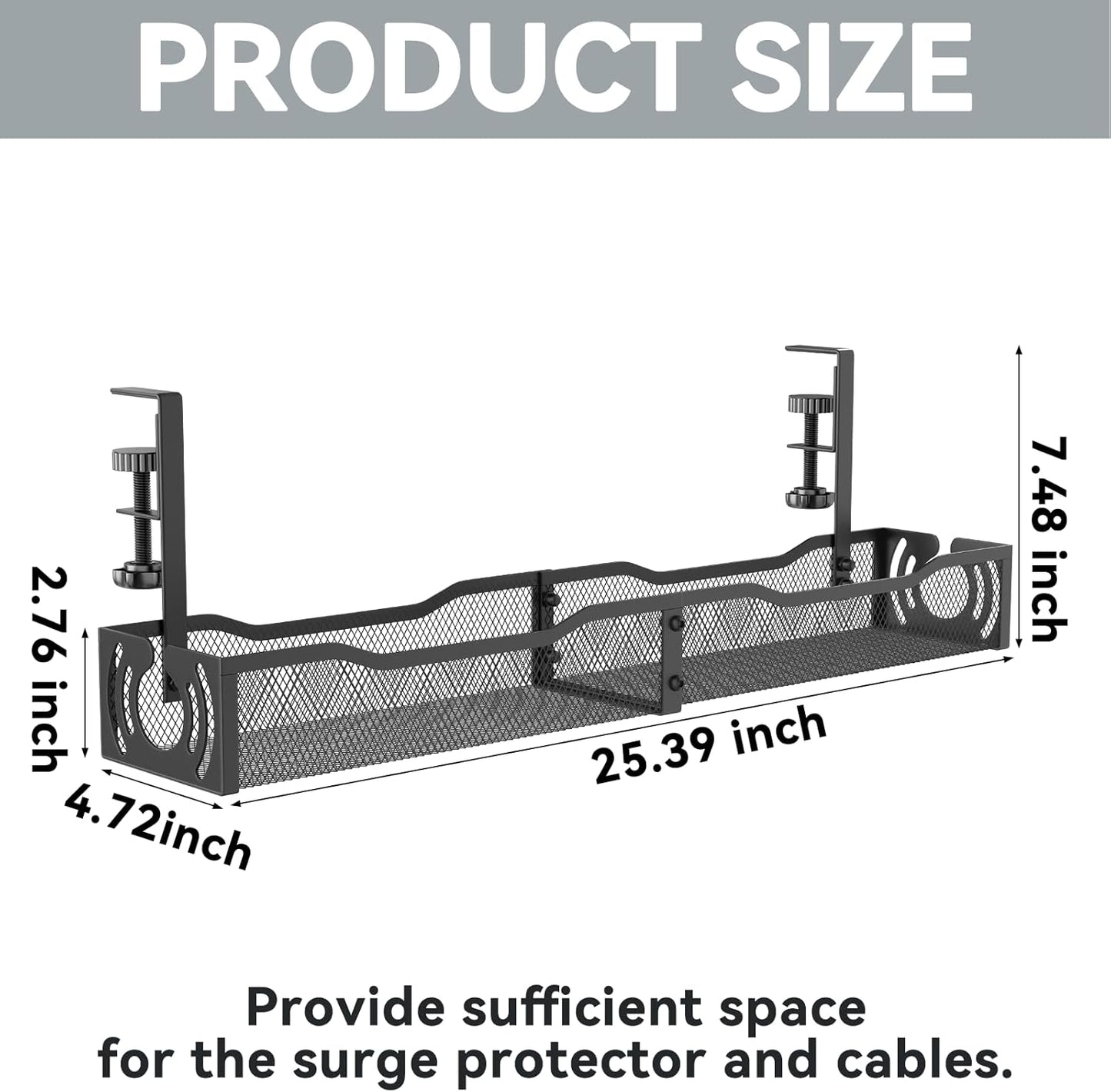 Cable Management, 25.3'' Under Desk Cable Management Tray No Drill | Metal Cable Organizer with Clamp for Wire Management, Cord Organizer for Home Office, Desk Accessories Organizer, Black