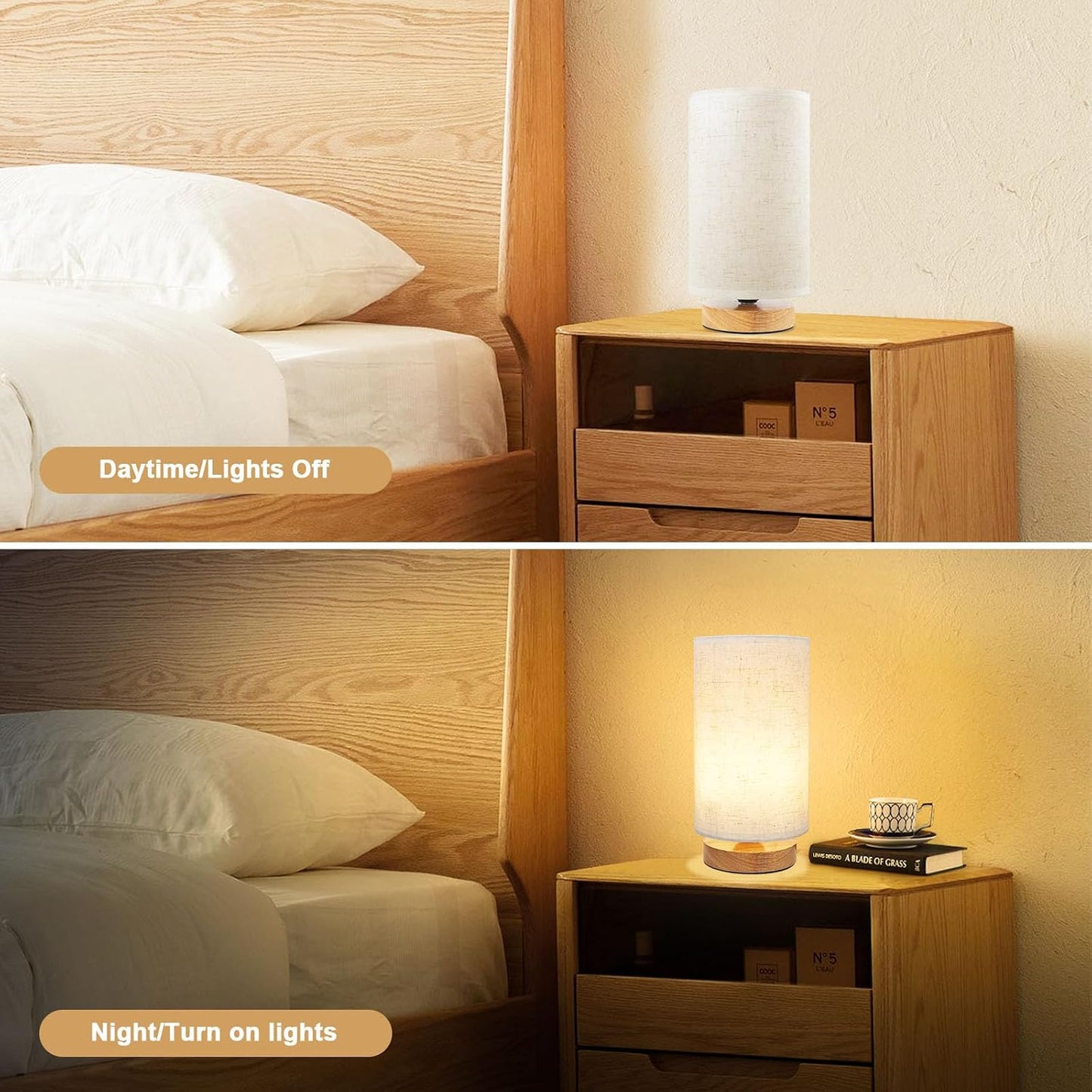 Small Bedside Table Lamp for Bedroom, Minimalist Wood Base & Round Fabric Shade, Mini Cute Cozy Warm White Nightstand Boho Lamp, Study Desk Night Stand Light for Room, Dorm, Nursery, Living Room