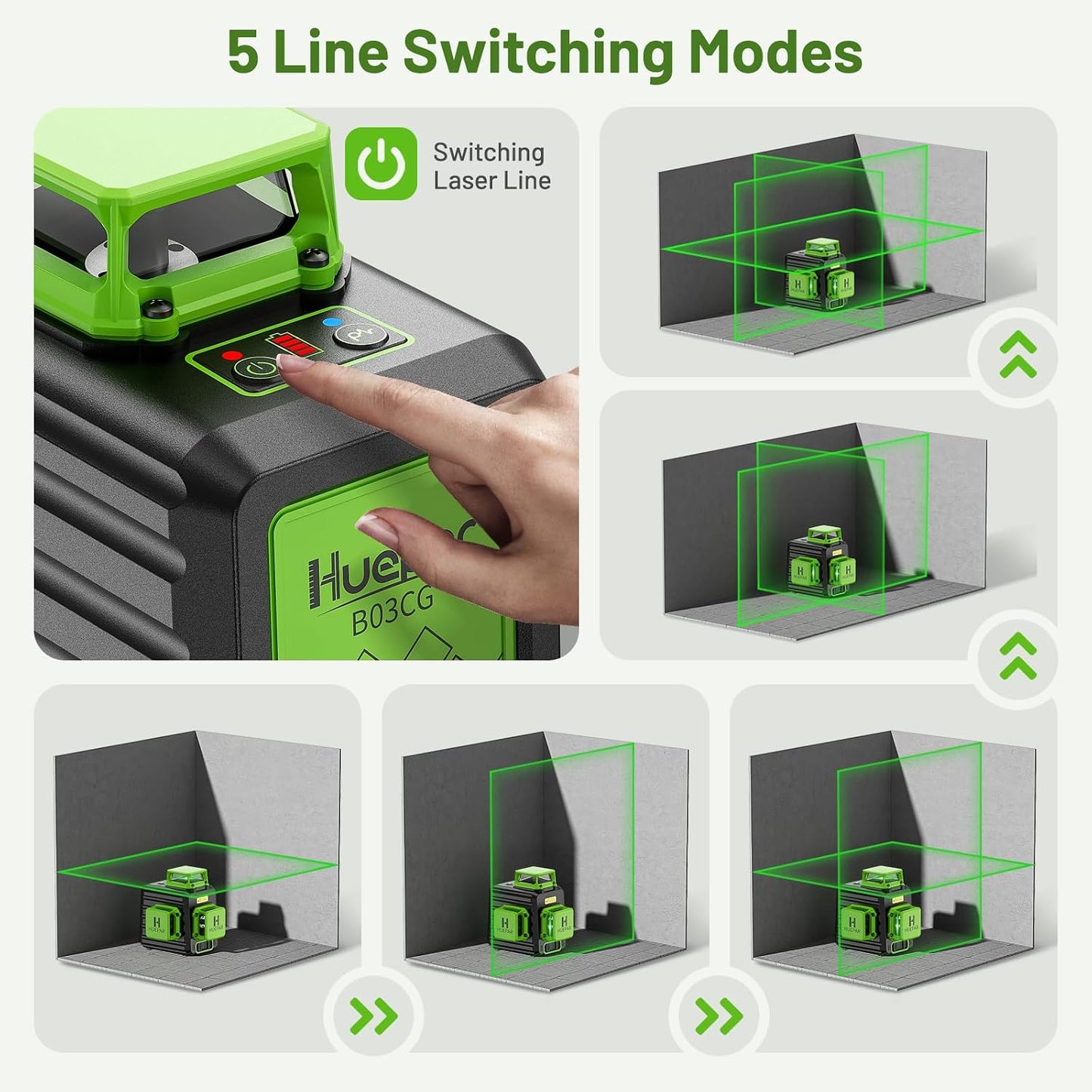 HUEPAR Laser Level 360 Self Leveling, Rechargeable 3D High Brightness Green Laser 3x360° Best Laser Leveler Tool for Construction and Picture Hanging, Strong Magnetic Bracket & Hard Suitcase
