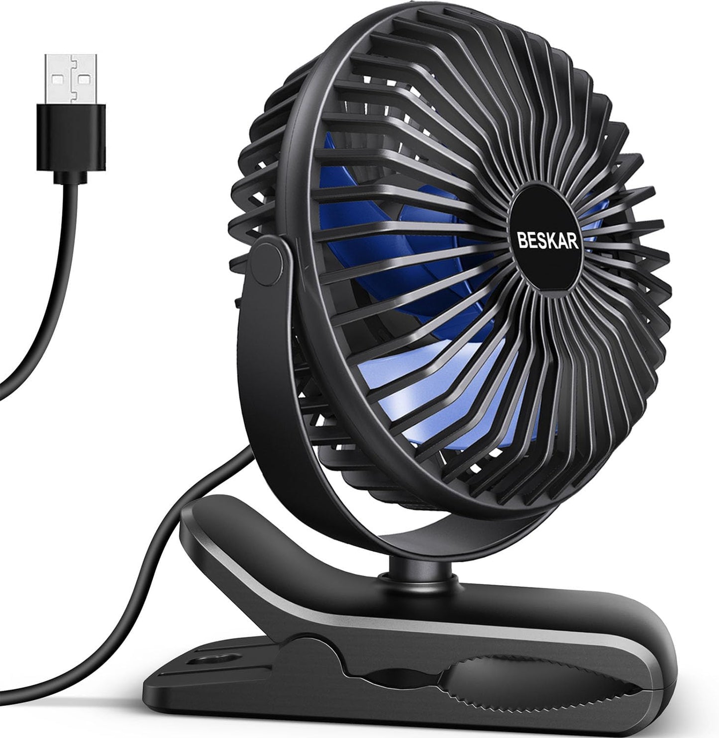 BESKAR USB Clip on Fan, Portable Small Desk Fan with Cord Powered | 3 Speeds Strong Airflow, Sturdy Clamp, Ultra Quiet Personal Cooling Fan for Office Dorm Bedroom Stroller