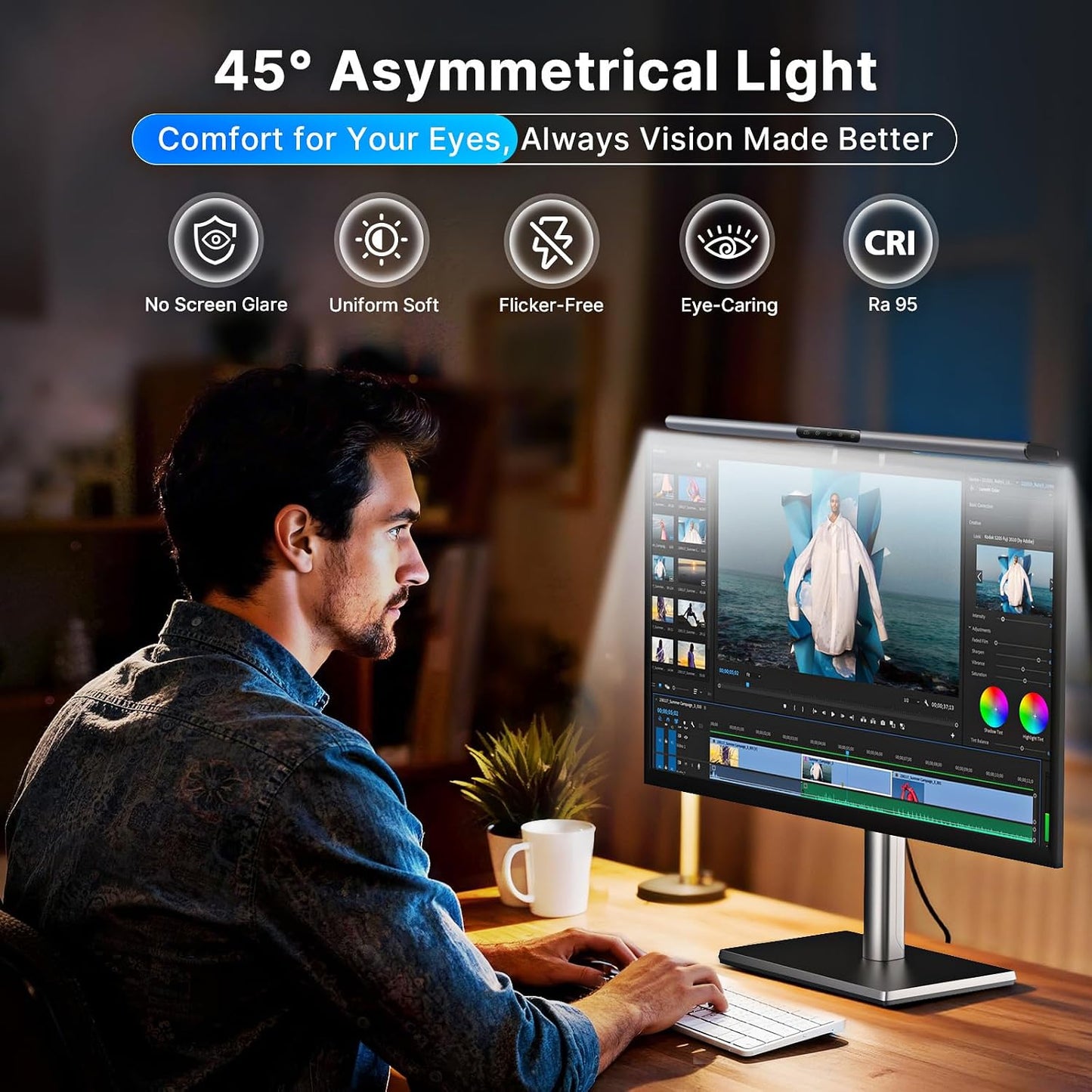 Syrinx Monitor Light Bar with Backlight, Gaming & Home Office Monitor Lamp | CRI95+, No Screen Glare Eye Care Light, 1200lm, Touch & Gesture Control, Stepless Dimming for Flat & Curved Monitors, Pro