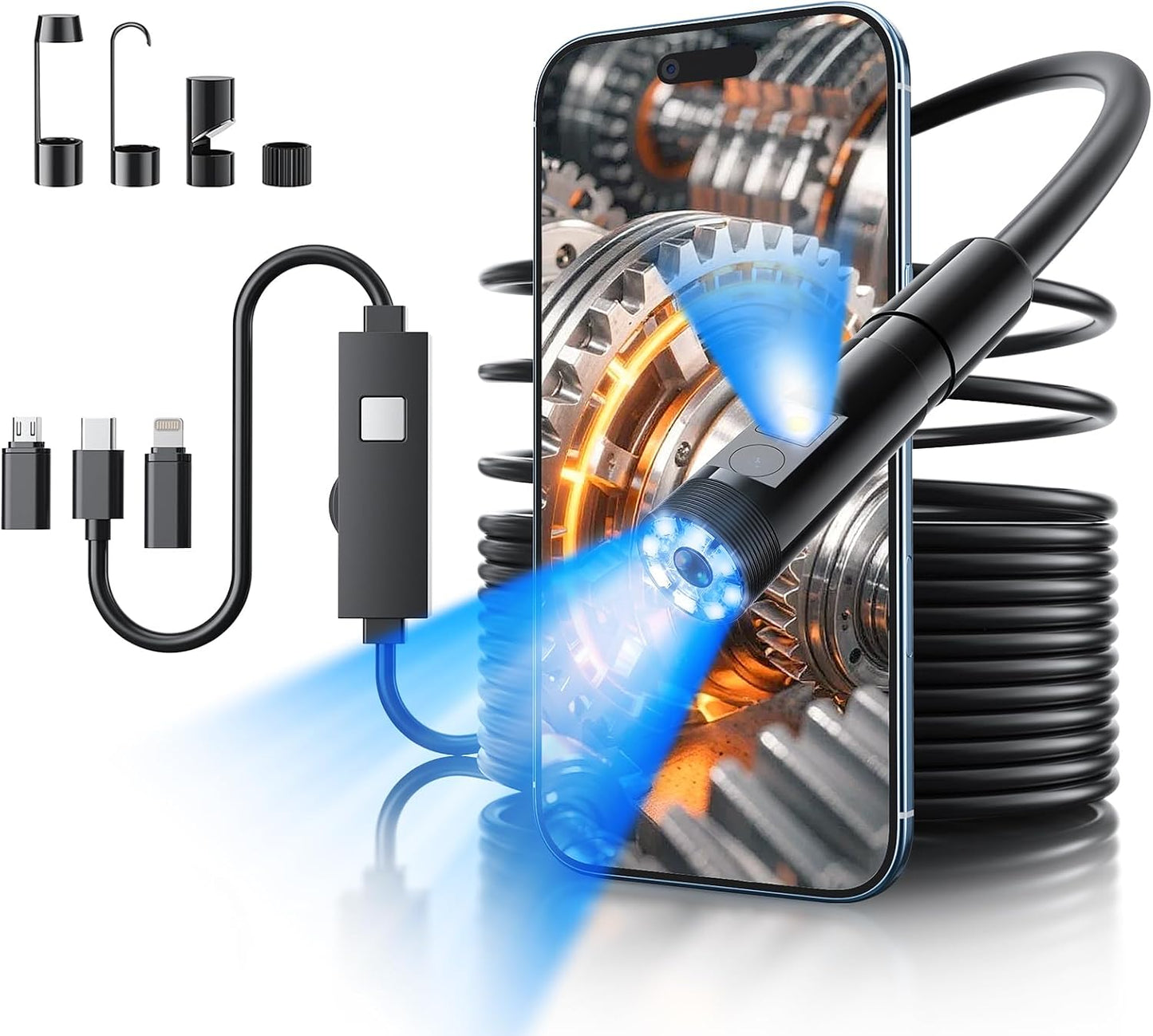 Endoscope Camera with Light, 1920P HD Bore Scope Borescope with 8 Lights, Waterproof 16.4FT Semi-Rigid Cord for Pipe Inspection, Industrial Endoscope for Phones(Dual Lens)