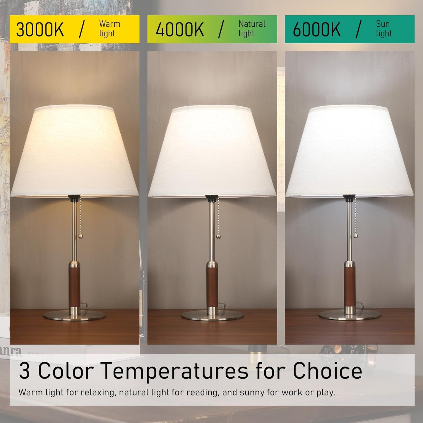 21" Modern Bedside Lamp Mid Century Table Lamp, Pull Chain Nightstand Lamp for Bedroom Living Room 3-Color Light, Solid Wood/Metal/Fabric for Home/Office/Desk Decor(Off White+Brushed Nickel)