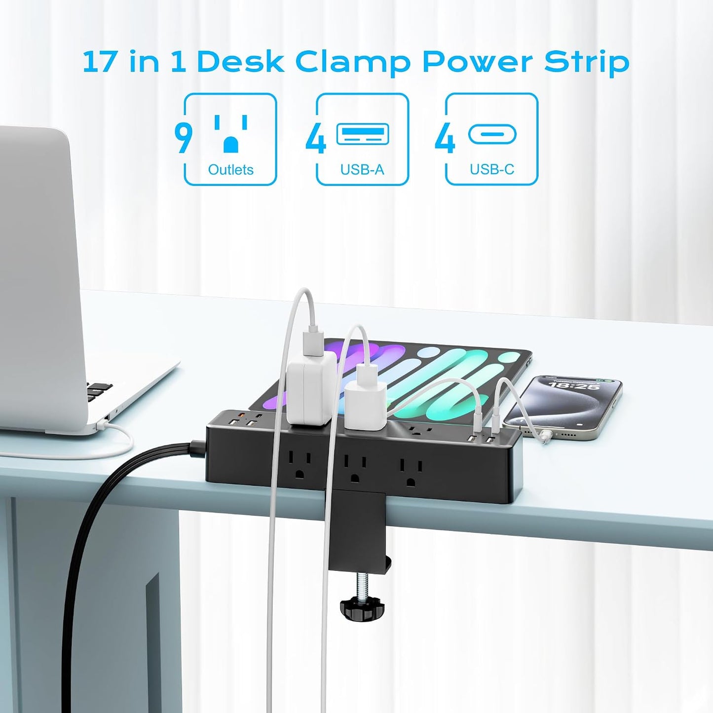 Desk Clamp Power Strip 10FT, 40W Total Fast Charging Station | 9 AC Outlets 8 USB Ports(4 USB C), 2 PD20W USB C Ports, Flat Plug Extension Cord, Desk Edge Mount, Fit 1.7" Tabletop Edge