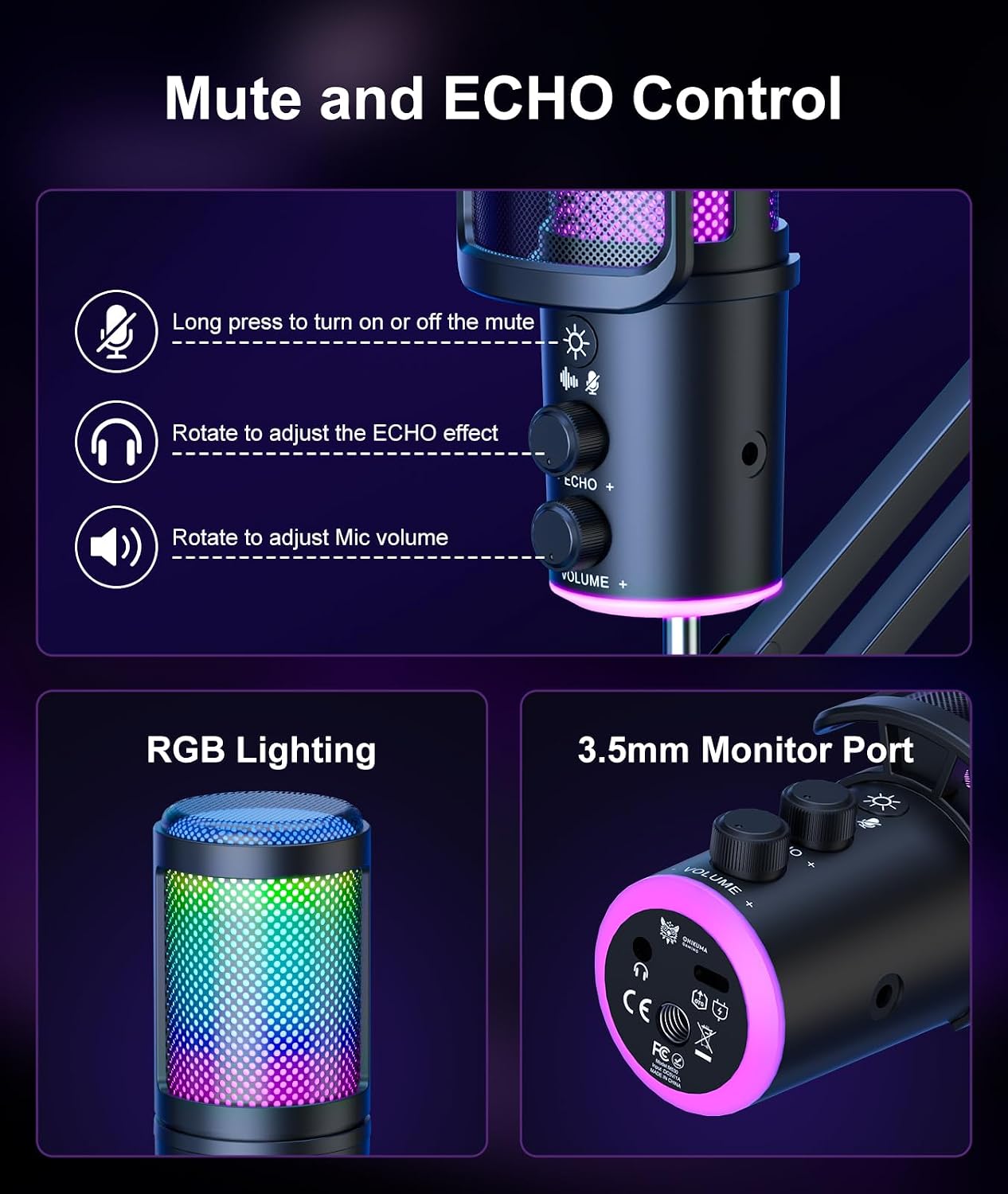 Gaming USB Microphone, Noise Cancellation Condenser Mic with Mute,Boom Arm Mic-Reverb Adjustment, Monitoring for Streaming, Podcasting, Discord, YouTube,PC, Computer, PS4, PS5, Mac