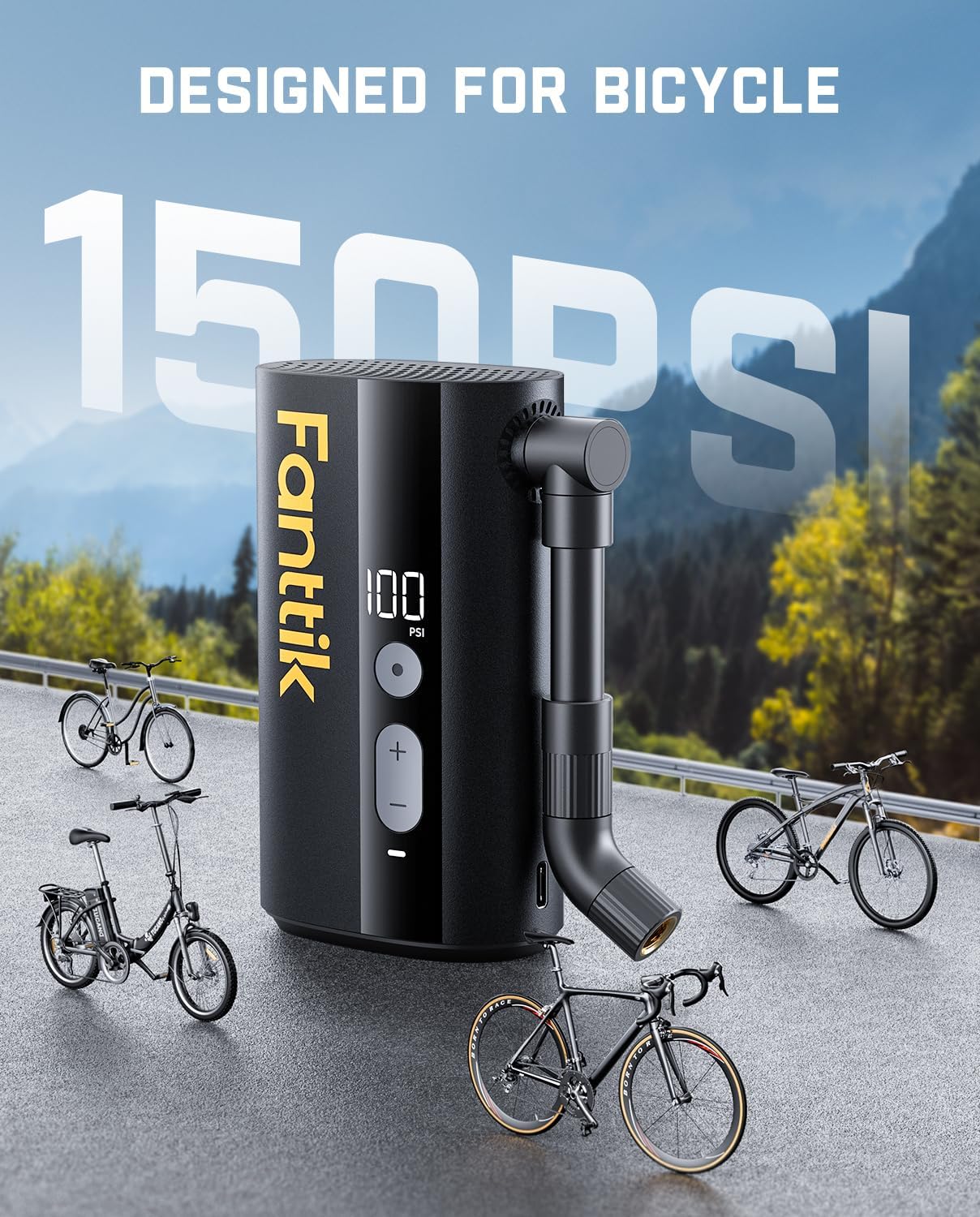 Fanttik X9 Ace Mini Electric Bike Pump, 150PSI, 32s Inflate, Auto Stop | Portable Air Pump with Presta and Schrader Valve, for Motorcycle/Road/E-Bike/MTB, Powerful Battery, 1 PSI accuracy