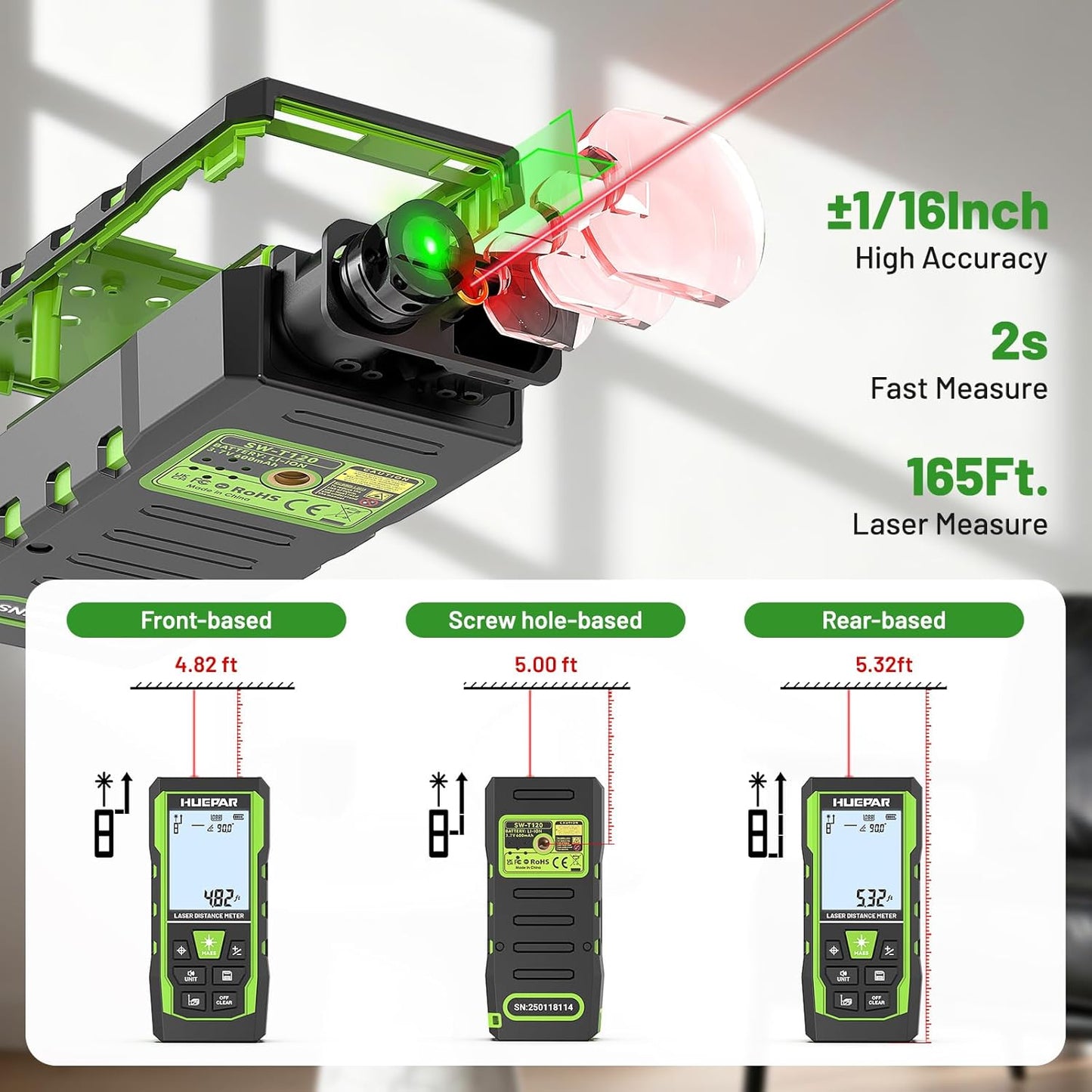 Laser Measuring Tool 3-in-1, Huepar 165 Ft Laser Measure & 33 Ft Green Cross Line Laser Level & 6.5 Ft Tape Measure, Rechargeable, Voice Broadcast, Multi-Mode, Rugged for Construction&Home Use, SW-T50
