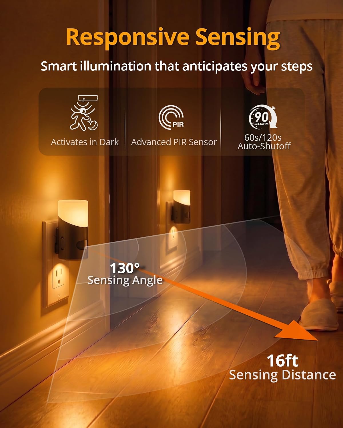 Lyridz Amber Night Light with Motion Sensor, 1-150LM Dimmable Plug-in Nightlight Indoor for Bedroom, Bathroom, Hallway, Stairs, Pet House, Toilet, 2 Pack