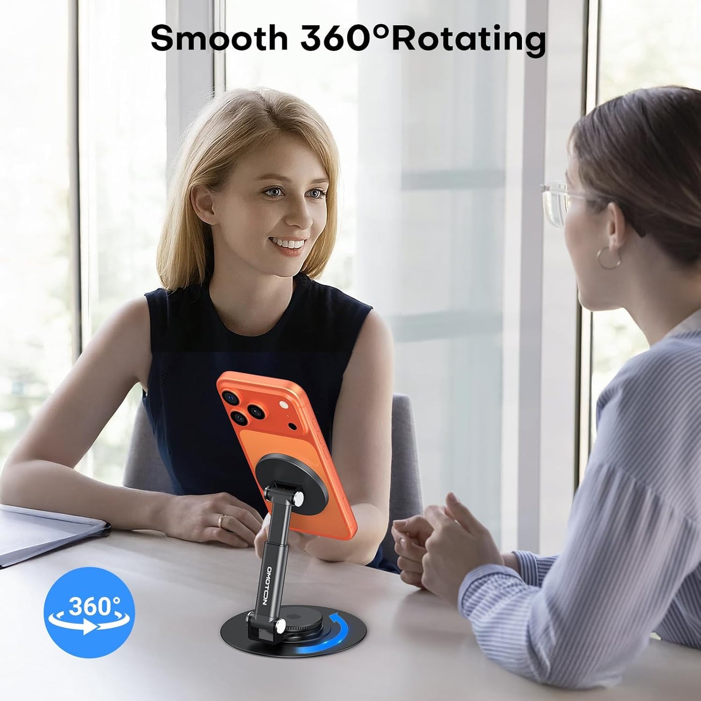 OMOTON MS05 [Height Adjustable] 360° Rotating Magnetic Phone Stand, Black | Foldable Cell Phone Stand for Desk, Office Desk Accessories Gift for iPhone 17/16/15 Pro Max Air for PC Gaming Women Men