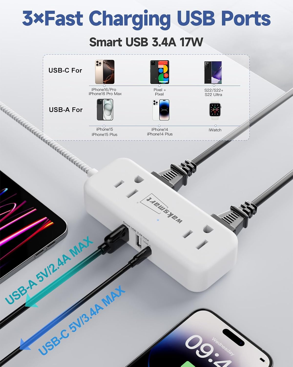 Flat Plug 25 FT Extension Cord with 4 AC Outlets | Long Braided Extension Cord, 3 USB Ports (5V/3.4A 17W) for Home Office Dorm