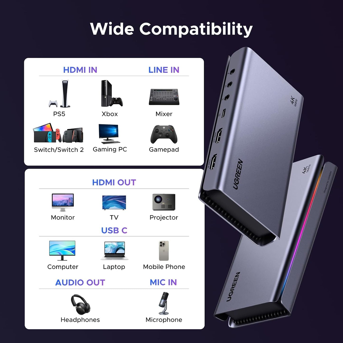 UGREEN 4K 144Hz Video Capture Card HDMI to USB 3.2 Gen 2 Game Recording | Mic and HDMI 2.1 Loop-Out, with Low Latency for Streaming Compatible with Switch 2/Xbox/PS4/PS5/PC/Camera/Mac/OBS/XSplit