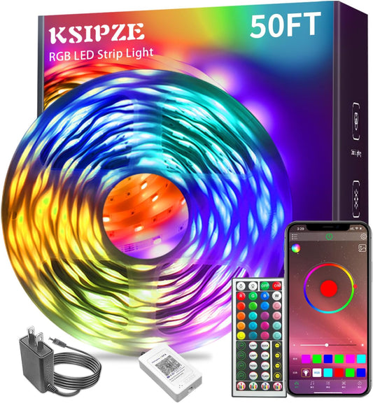 KSIPZE Led Lights for Bedroom 50ft Led Strip Lights with Remote App Control | RGB Color Changing Music Sync for Room Bedroom Lighting Flexible Home Décor
