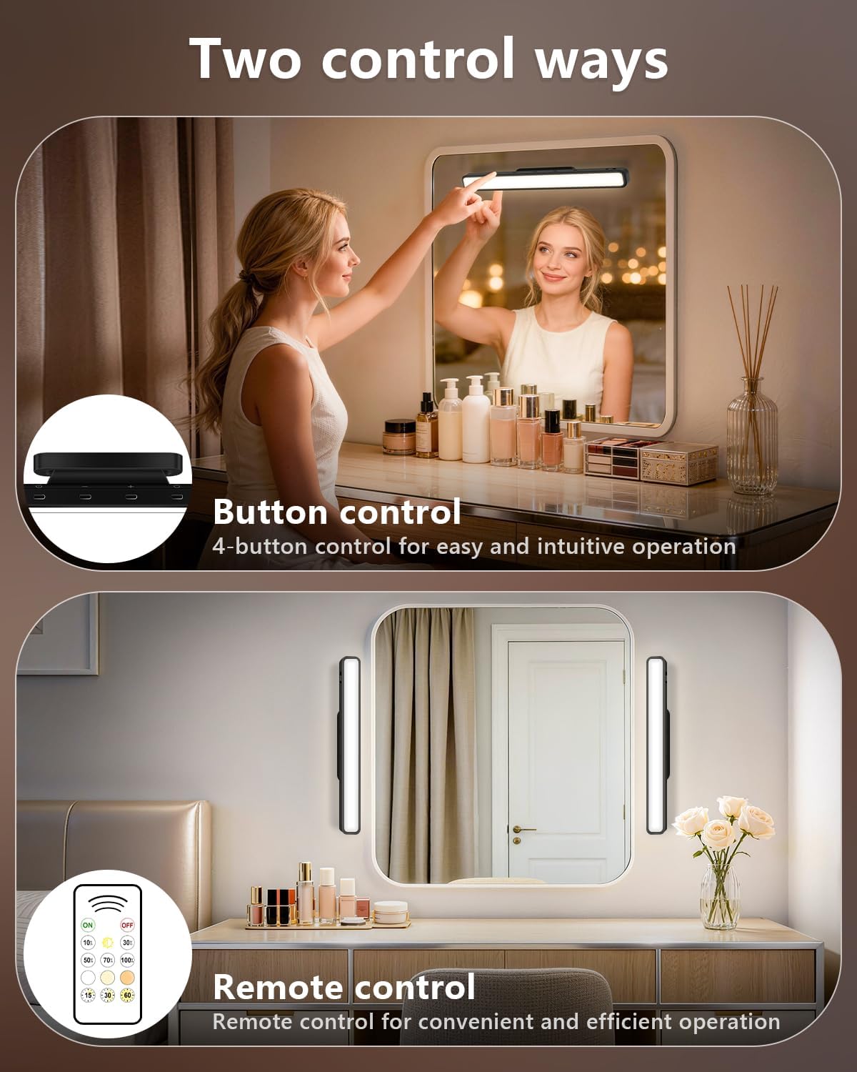 WILLED 3W Mirror Lights with Remote Control,Eye-Friendly Magnetic Light Bar with Battery Level Display,Adjustable Color Temperatures Vanity Lights for Mirror,Makeup Lighting for Bathroom(2 Pack)