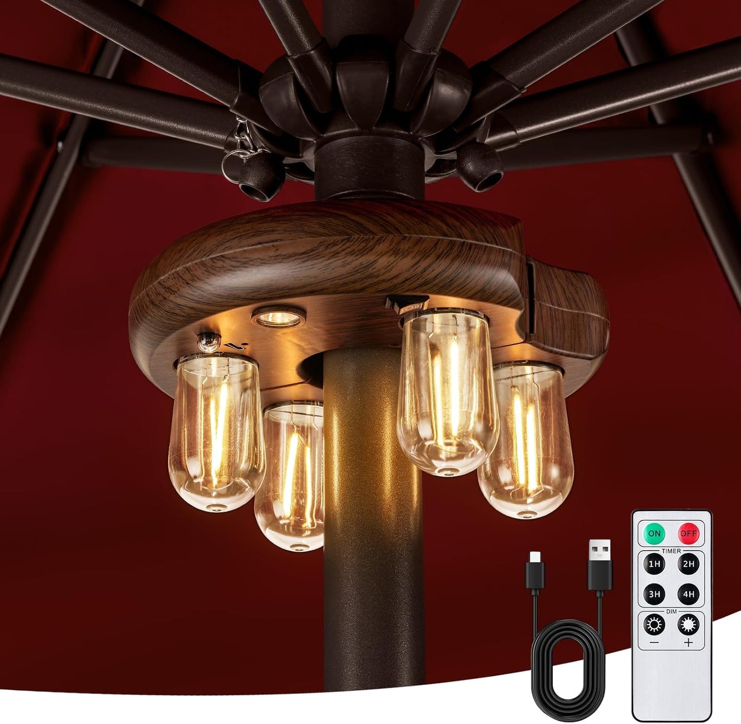 Patio Umbrella Light with Remote Control, Rechargeable Cordless LED Edison Bulbs Pole Light with 10 Brightness Levels for Garden, Patio, Backyard, Camping or BBQ - Brown (1 Pack)