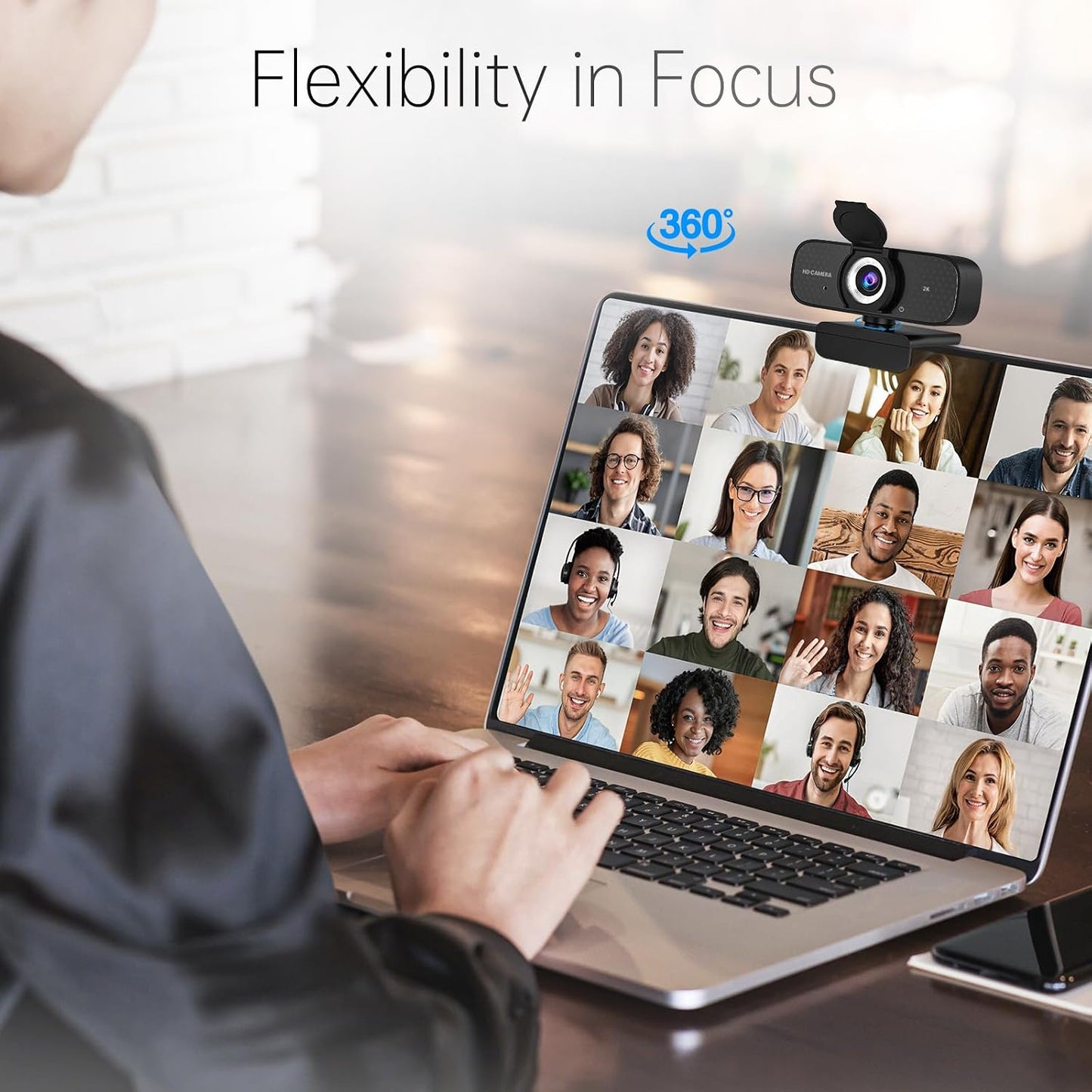 2K HD Webcam with Wide Angle Lens, Privacy Cover, Auto Light Correction and Noise-Canceling Mic, Plug & Play USB Camera for Desktop/Laptop/Mac/PC, Compatible with Teams/Zoom/Skype/Streaming Black