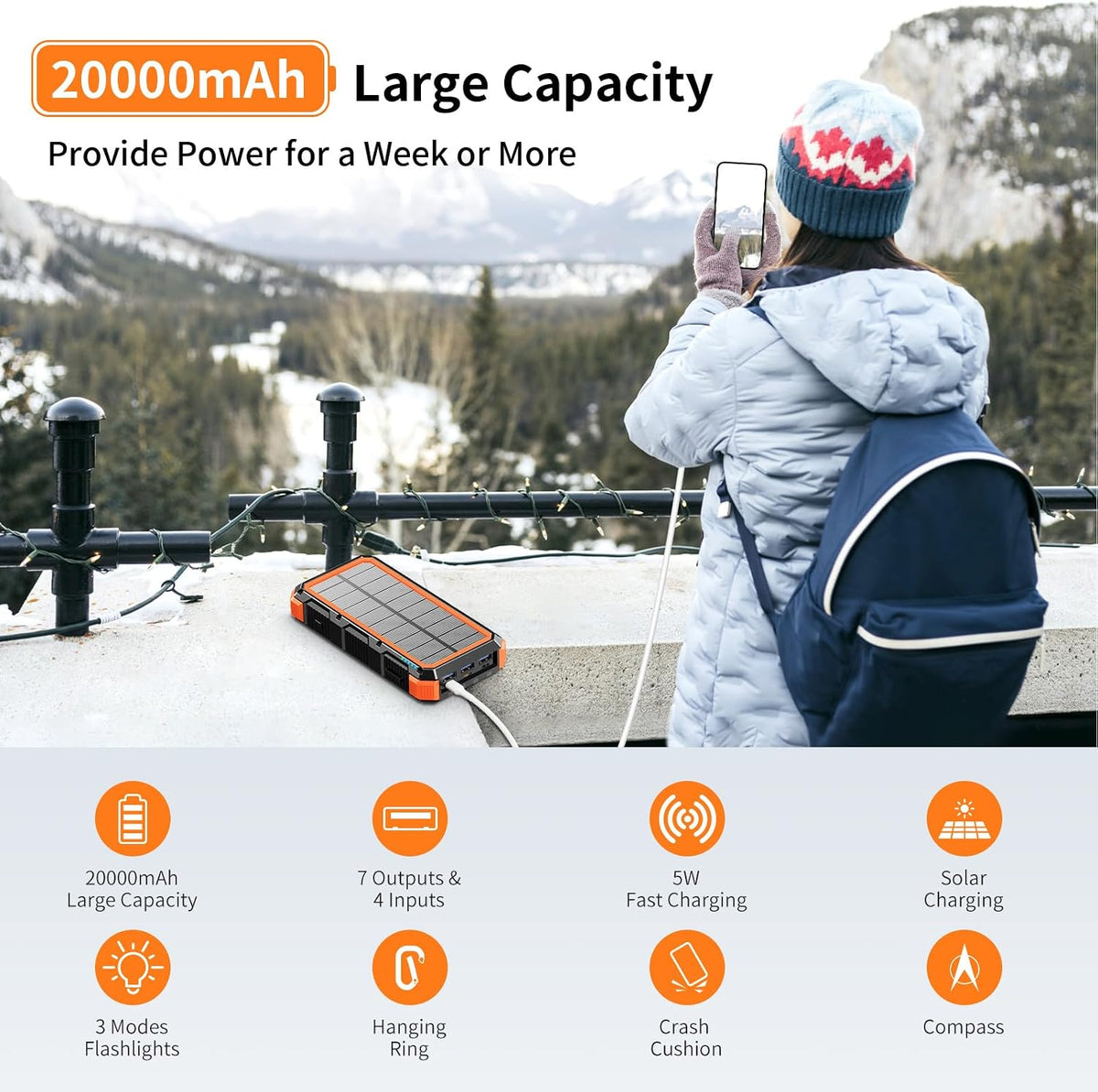 Solar Charger Power Bank 20000mAh Wireless Charger QC 3.0 Fast Charging Power Bank 8 Outputs 4 Inputs Solar Portable Charger Compatible with All Mobile Devices,SOS/Strobe/Strong Flashlights (orange)