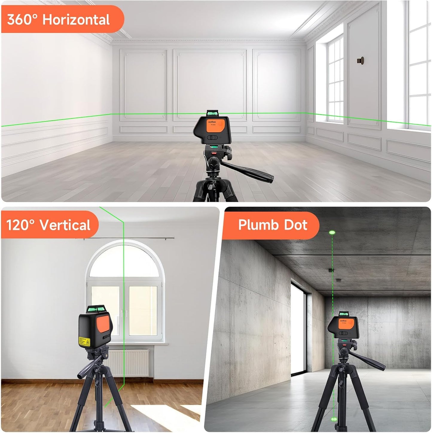 Plumb Dot Laser Level with Tripod, 360 Degree, PV-360G-KIT | 2 Plumb Points, Self Leveling, Rechargeable, Green Beam, Entry Level, For Layout, Framing, HVAC, Plumbing, Construction