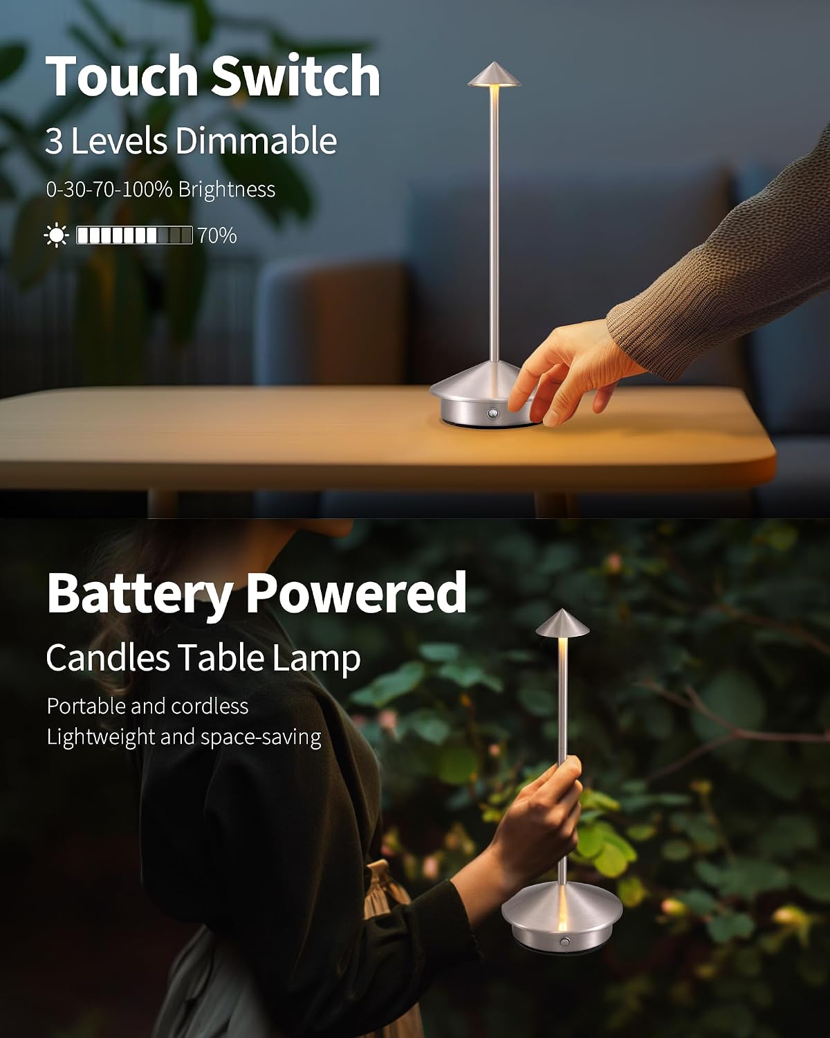 Modern Cordless Table Lamp Set of 2, Brushed Nickel LED Desk Lamps | 5000mAh, Rechargeable, Battery Operated Lighting for Bedroom, Dining Room, Restaurant, Coffee Shop, Camping, Night Light