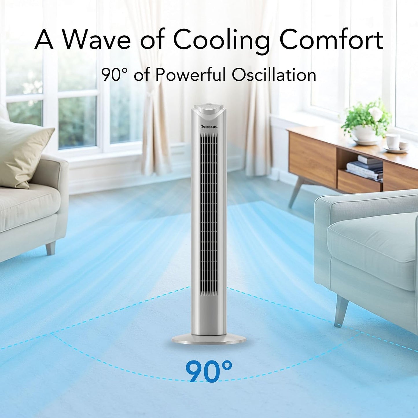 Comfort Zone 32-Inch Oscillating Tower Fan – Ultra-Slim Bladeless Design with 3 Speeds, 90° Wide Oscillation & Built-in Carry Handle – Quiet Portable Standing Fan for Bedroom, Home, or Office, Gray