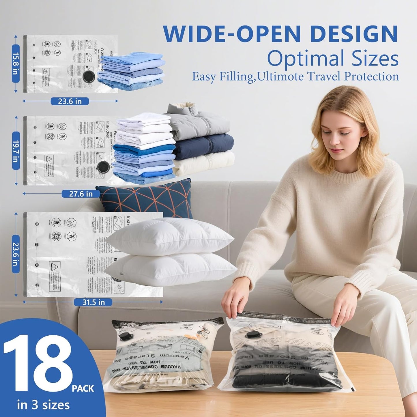 18 Pack Travel Vacuum Bags for Clothing with Rechargeable Wireless Air Pump | Compression Seal Packing Bags for Luggage Suitcase,Carry-on Size Space Saver Vacuum Storage Bags