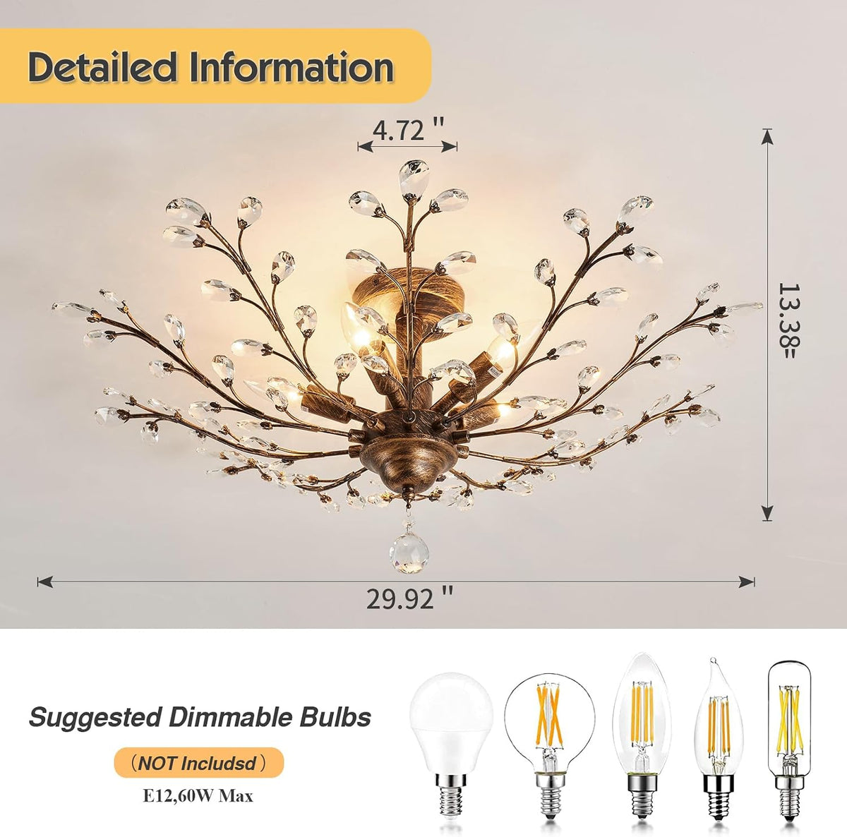 CVKASH 5 - Light Vintage Crystal Chandelier Modern Bronze Branche Ceiling Light Fixture Farmhouse for Kitchen Dining Room Living Room Bedroom Hallway Foyer