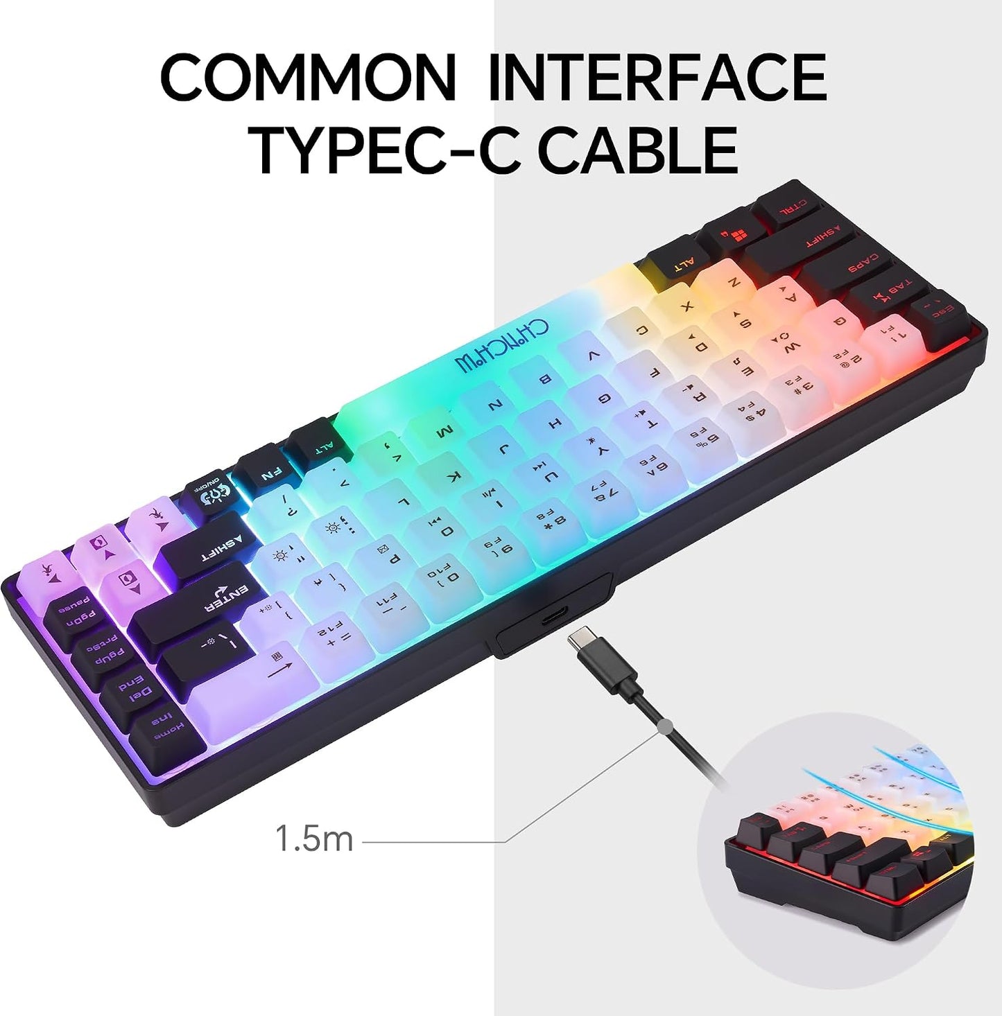 CHONCHOW Mini RGB 60% Gaming Keyboard, 68 Keys Small Compact | USB Wired Rainbow Light Up Backlit Gaming Keyboard for Xbox PS4 PS5 PC Laptop Gamer(White-Black)