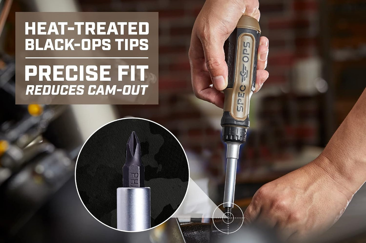 Spec Ops Tools Multi-Bit Screwdriver for Tool Belt, Tool Box, Magnetized Double-Sided Bits and Cr-Mo Steel Shaft, Ratcheting, 12-in-1