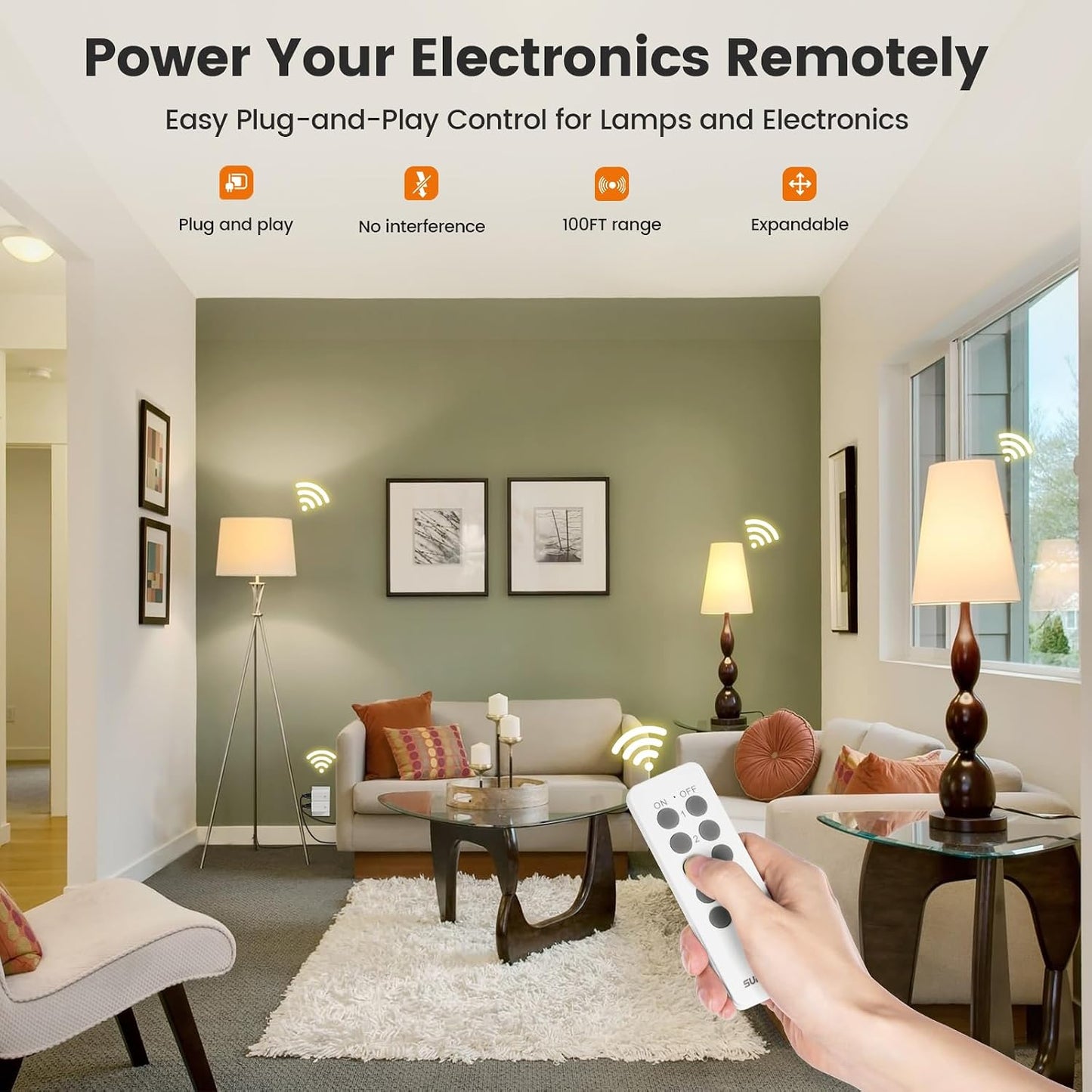 SURAIELEC Remote Control Outlet, Wireless Remote Light Switch, 100 FT, 15A/1875W, Expandable Indoor Compact Side Outlet Plug for Lamps, Fans, Christmas Trees, Small Appliances, 5 Outlets + 2 Remotes