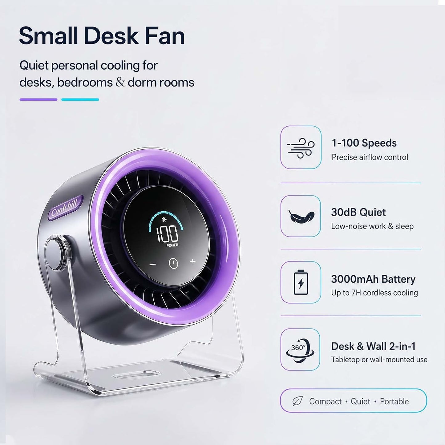 USB Desk Fan for Bedroom: 100 Speeds Digital Display Quiet Portable Fan with Turbo Airflow, 120° Rotating Small Rechargeable Battery Desktop & Wall-Mounted Fans for Bedroom Home Office