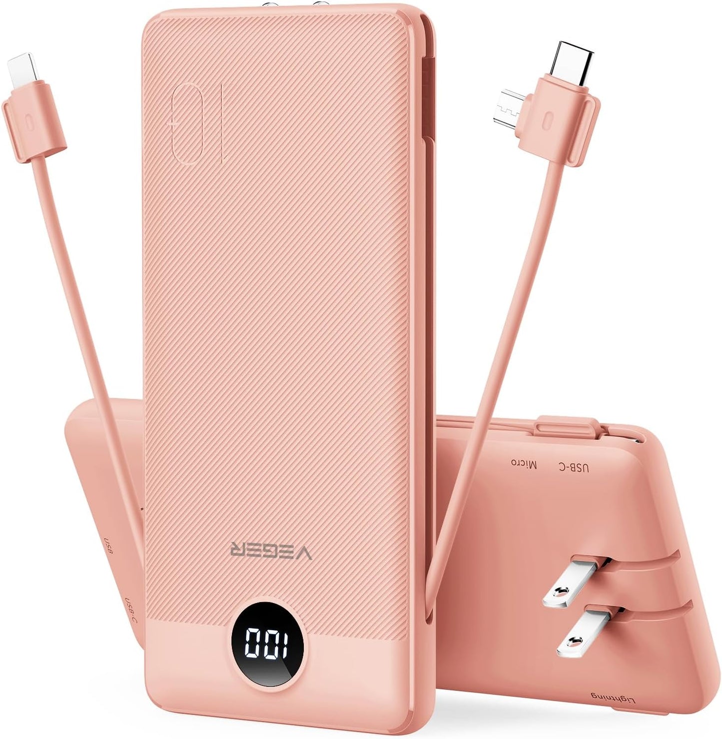 VEGER Portable Charger for iPhone, Power Bank Built in Cable and Wall Plug | 10000mAh Slim USB C Battery Pack, Travel Essentials for Camping Cruise Business Trip, Compatible with Smart Devices, Pink