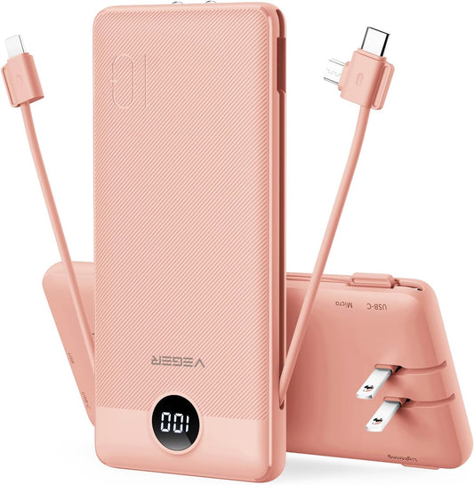 VEGER Portable Charger for iPhone, Power Bank Built in Cable and Wall Plug | 10000mAh Slim USB C Battery Pack, Travel Essentials for Camping Cruise Business Trip, Compatible with Smart Devices, Pink
