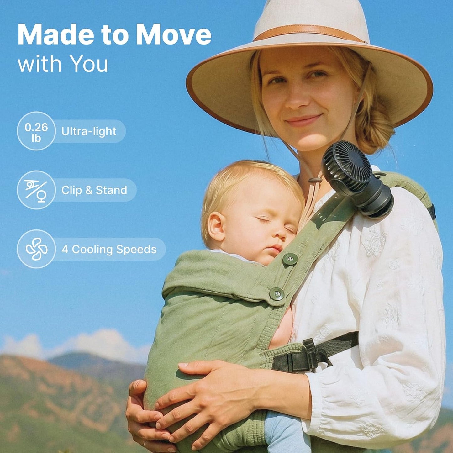 Momcozy Portable Stroller Fan with Clip, 4-Speed Mini Cooling Fan, 0.26 Lb | Ultra-Light Rechargeable Design, Gaps ≤ 4.5 mm, Rotating Handheld Cooling for Carriers, Backpacks and Tables
