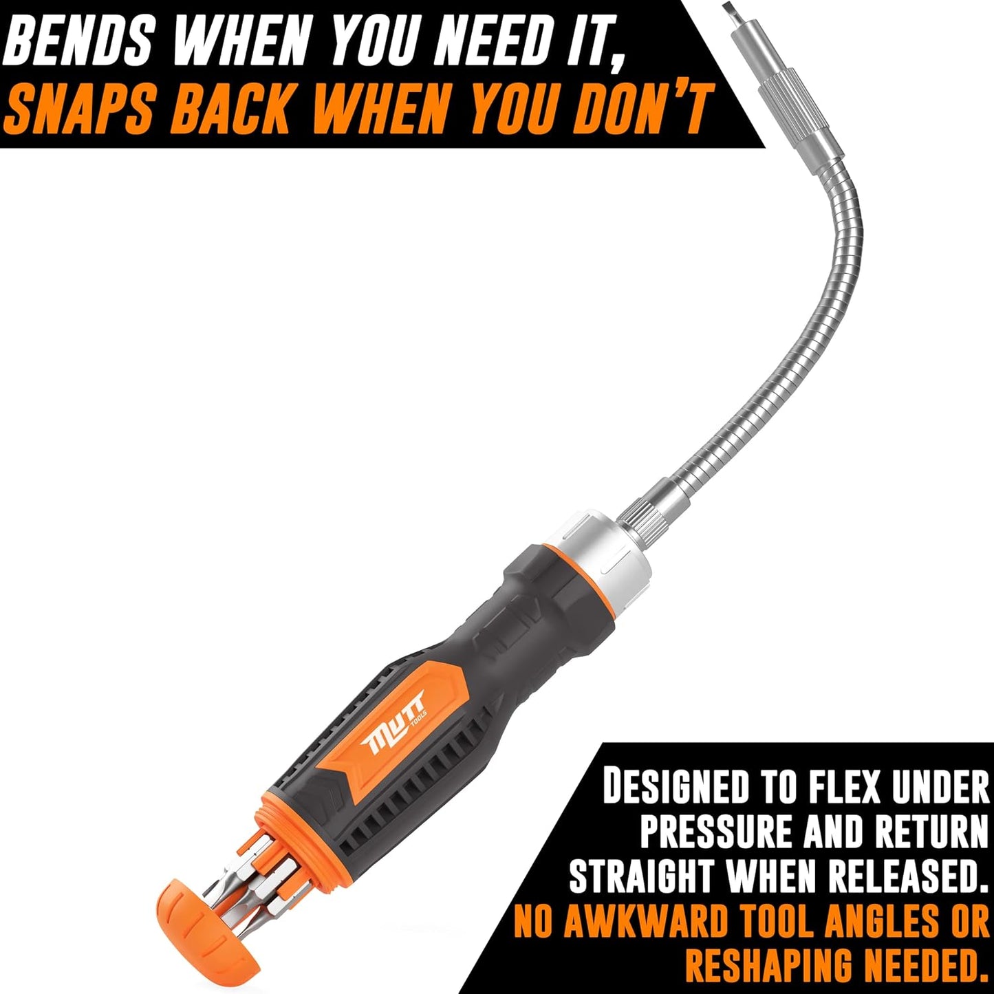 Mutt Tools Flexible Screwdriver Set 12-in-1 with Bendable Shaft & Torx Bits | 12-in-1, Flexible Shaft, 90 Degree Bend, Ratcheting, Tight Spaces