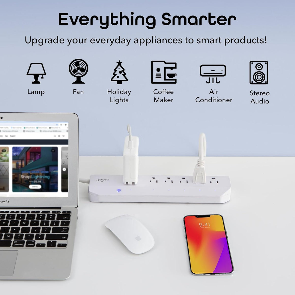Geeni Smart Surge Protector Power Strip with 6 Wi-Fi Outlets, 3 ft. Cord