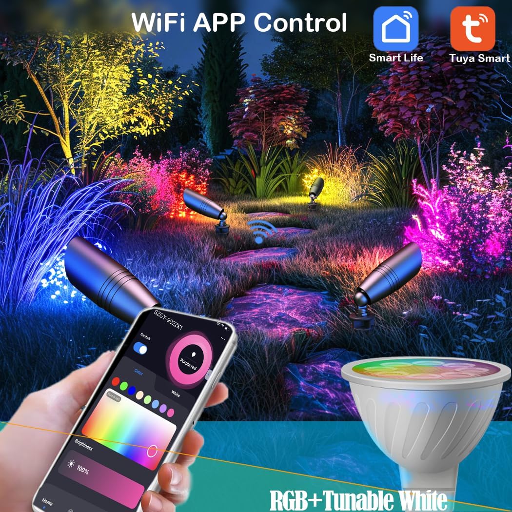 rosykite Smart RGB Low Voltage Landscape Lighting, 12V Color Changing Outdoor Spot Lights, Waterproof IP65 LED Garden Lights with App Control, Warm White to Multicolor, Uplight for Driveway (4Pack)