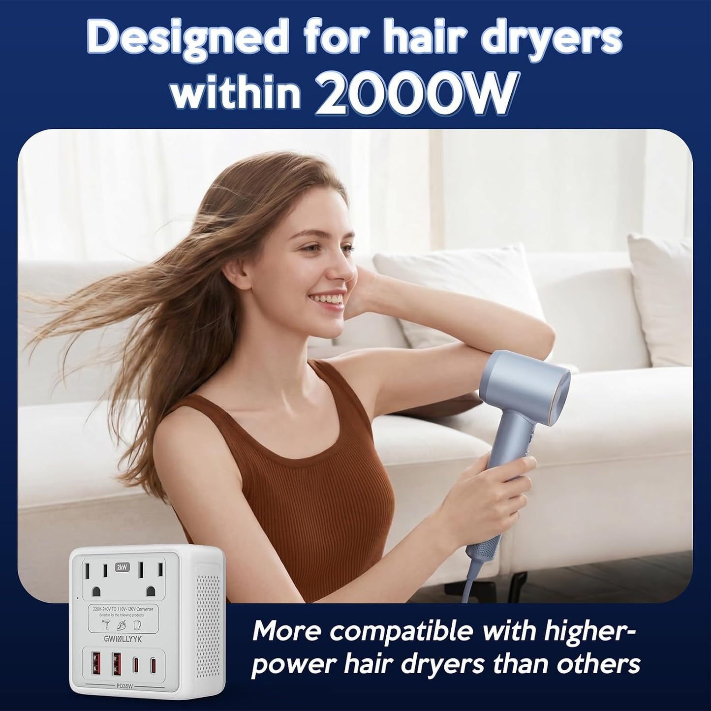 2000W 220V to 110V Voltage Converter Us to Europe for Hair Dryers, Travel Converter with PD 35W USB Ports, Converter for European Travel, International Travel Adapter with Type C G I A (Gray)
