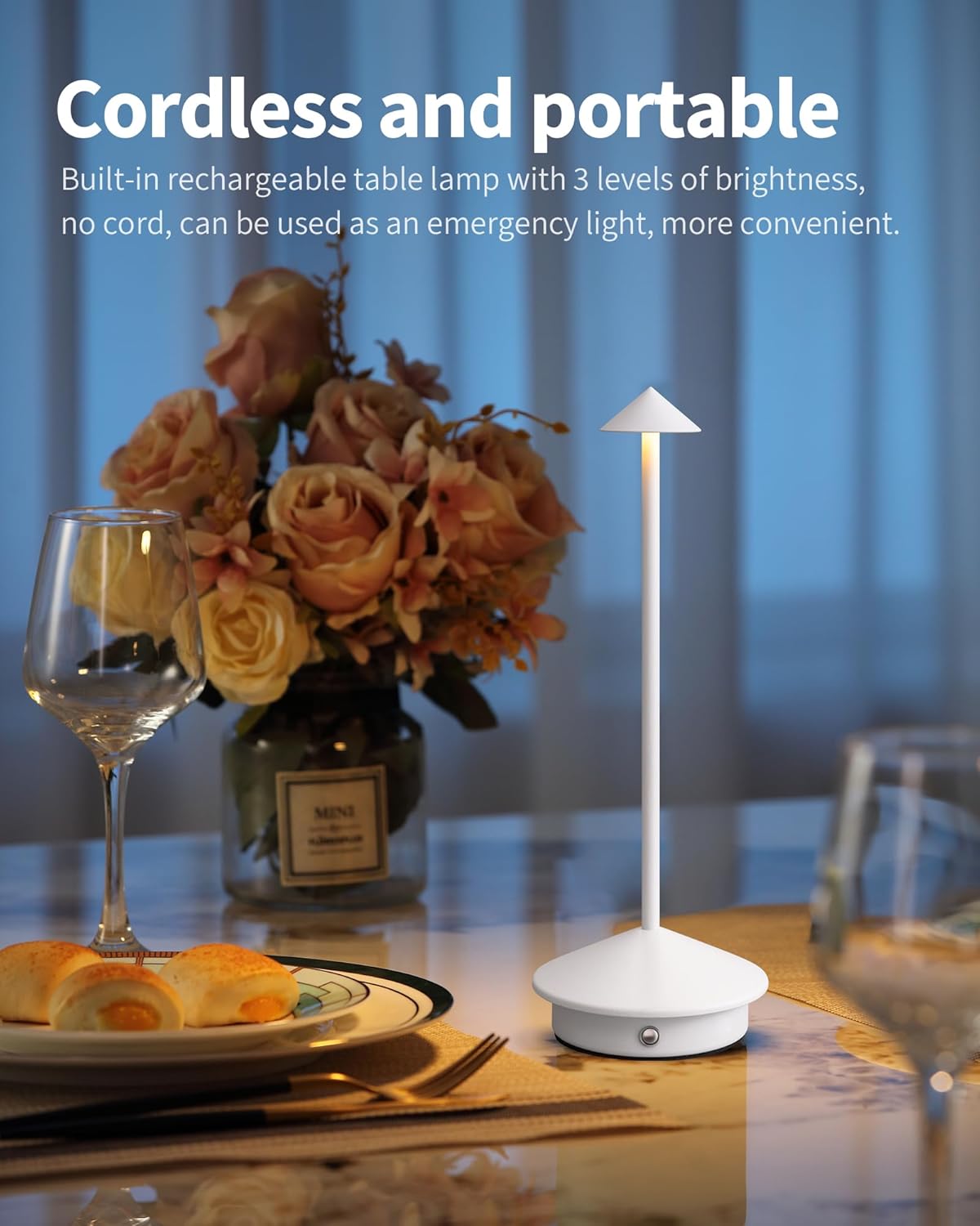 Modern Cordless Table Lamp Set of 2, White Portable LED Desk Lamps | 5000mAh, Rechargeable, Battery Operated Lighting for Bedroom, Dining Room, Restaurant, Coffee Shop, Camping, Night Light