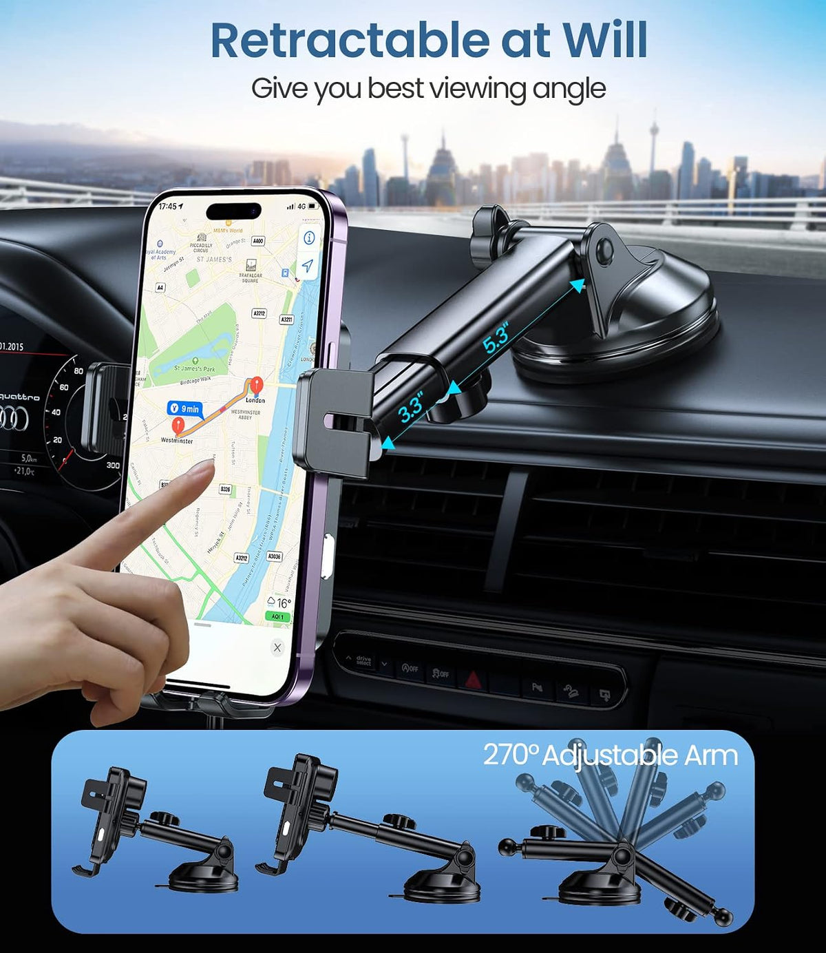 Wireless Car Charger 15W Fast Charging Dash Windshield Vent Car Mount | Auto-Clamping Universal Hands-Free Car Charger Compatible with iPhone 17/16 15/14/13/12, Samsung S24 S23/S22/S21,etc