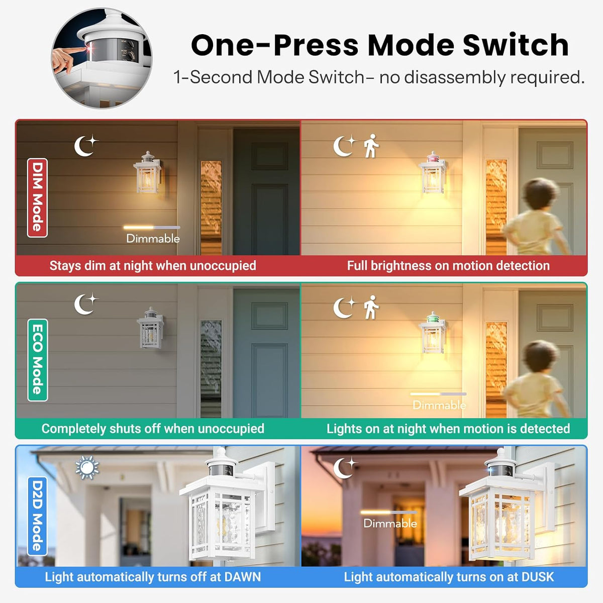 Gleamz Exterior Lighting Fixtures, White Modern Motion Sensor Porch Light, 100% Anti-Rust Outdoor Porch Lights Wall Mount, Weatherproof Outdoor Lantern Lights, Exterior Lighting Fixtures Dusk to Dawn