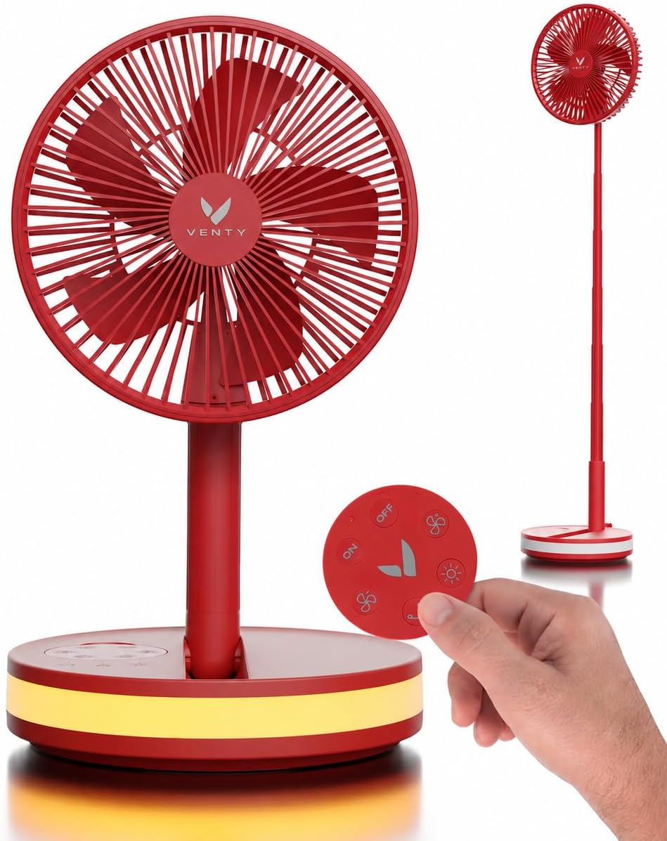VENTY Portable Fan - Wireless Battery Operated Fan - 4 Speeds - LED Lighting - Carry Case & Remote Control - Cruise Travel - Outdoor Travel RV Power Bank With USB-C Port (Red with Case)