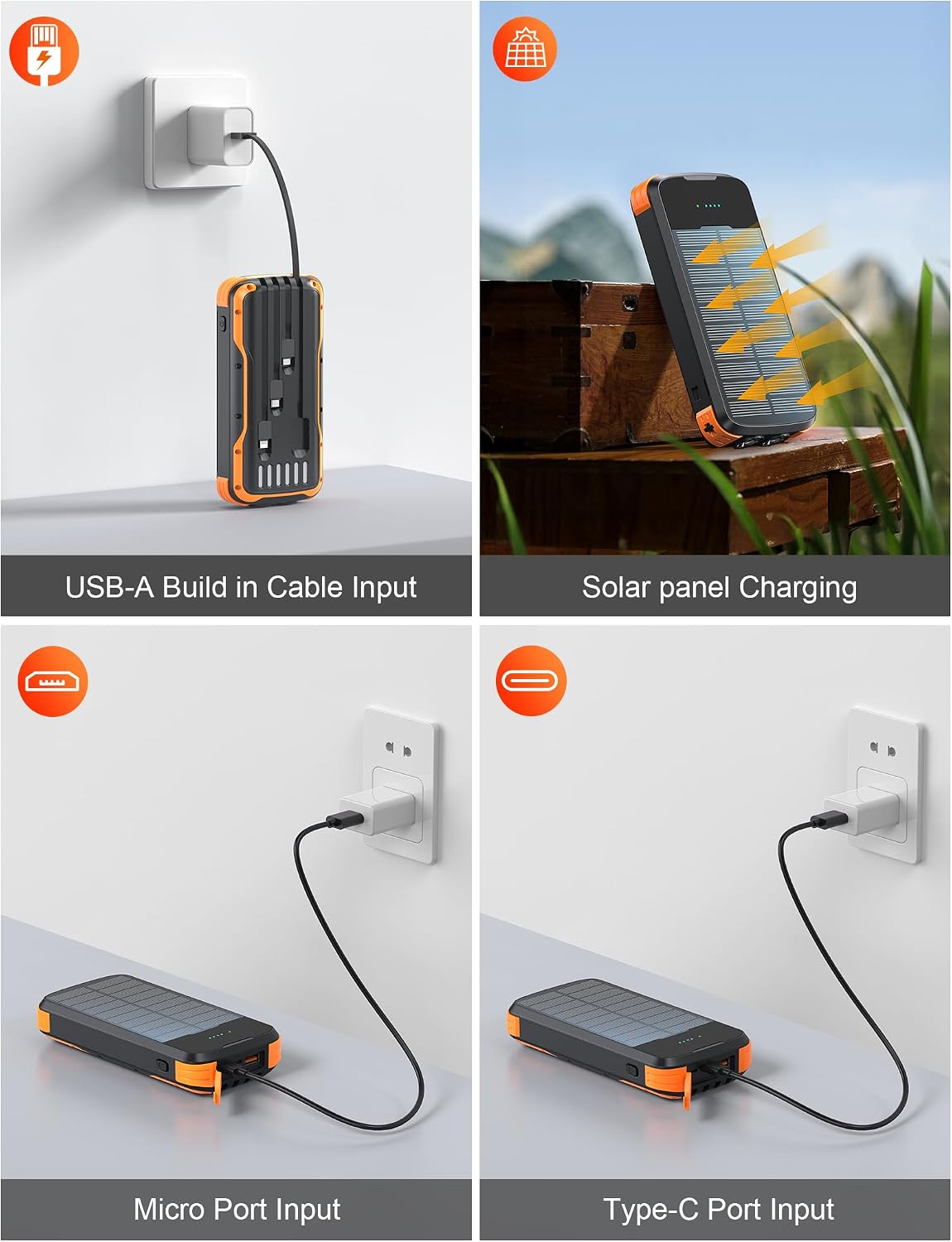 Solar Power Bank 40000mAh PD20W Fast Charging Portable Solar Charger | Built-in 4 Cables, 3 Ports, Dual Bright Flashlight, External Battery Pack for Camping, Hiking, and Outdoor Use, Orange