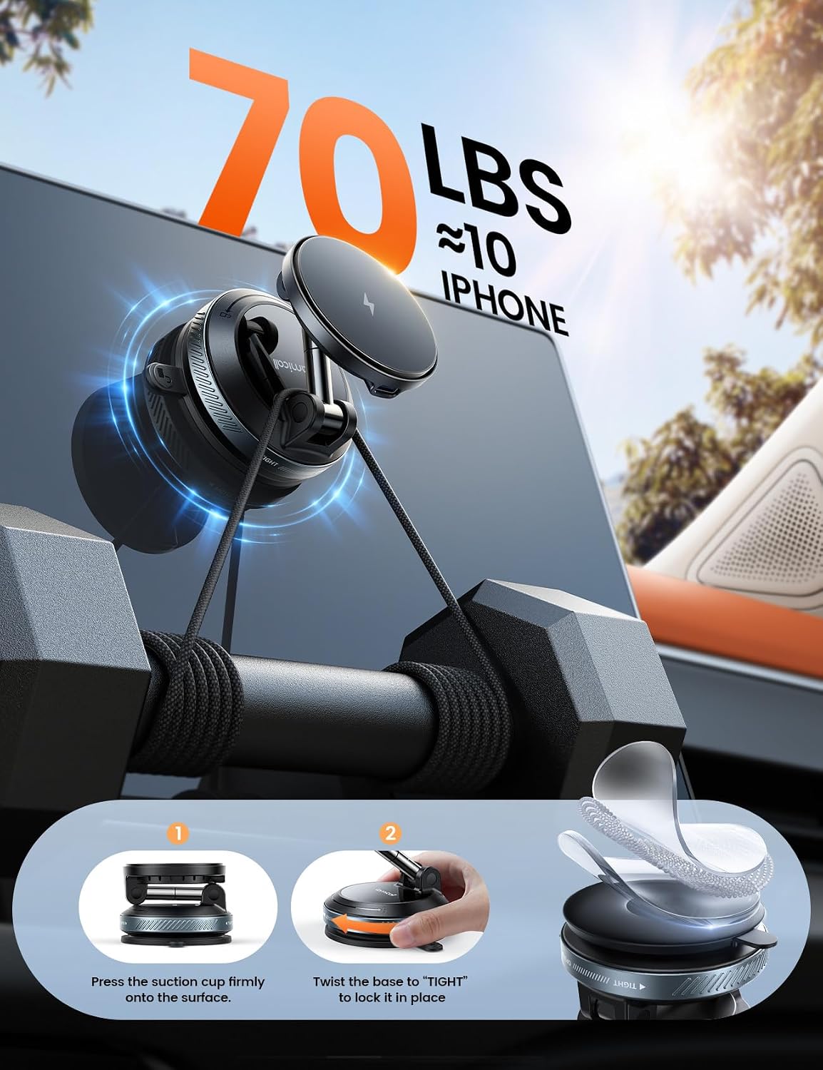 Lamicall 15W for MagSafe Car Mount Charger, 360° Wireless Car Phone Holder | Dual USB-C Ports Magnetic Phone Holder for Car, 70 LBS Vacuum Suction Phone Mount for iPhone 17 16 Pro Max Truck Jeep Black