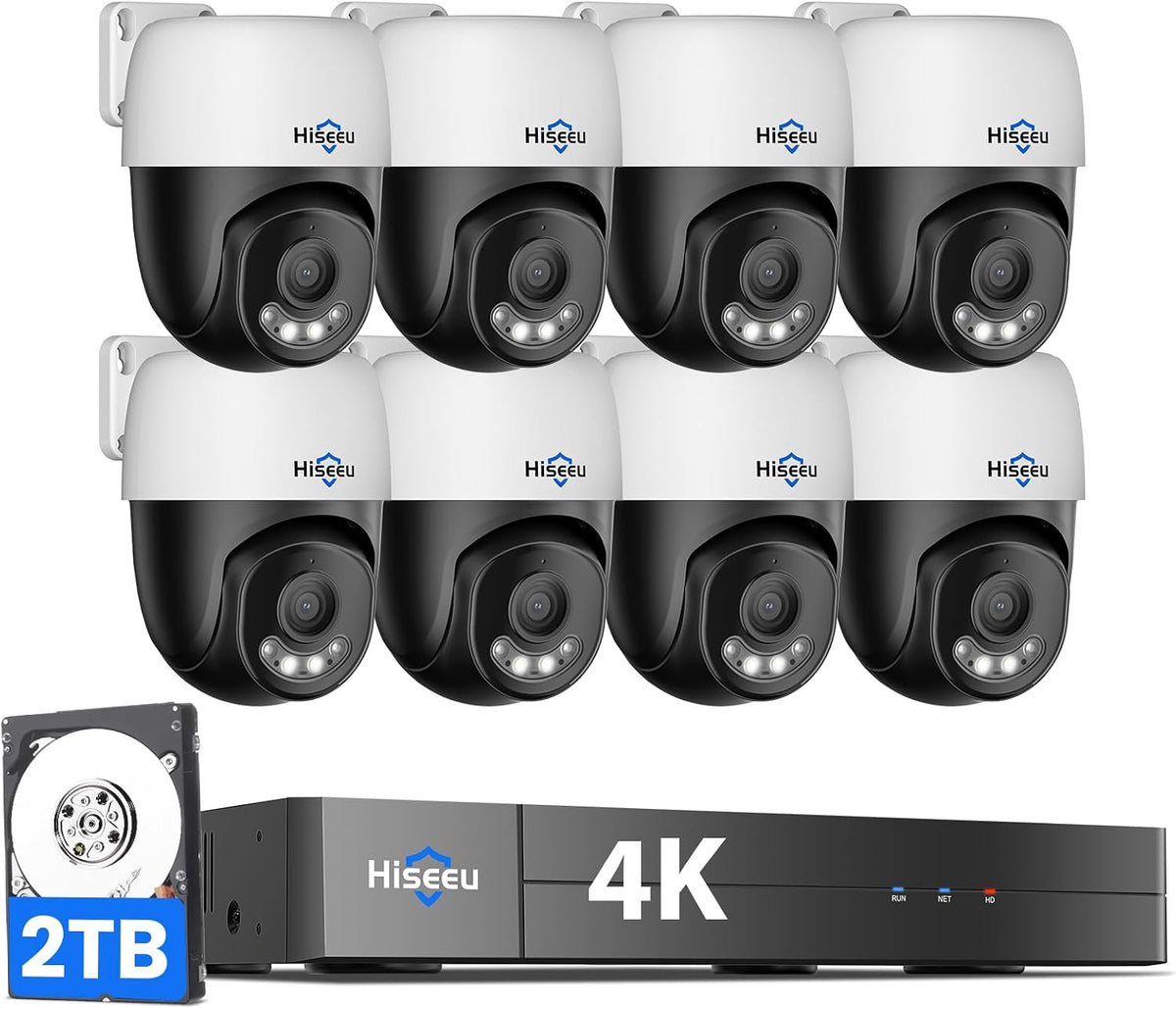 Hiseeu 4K PoE Security Camera System 8pcs PoE PTZ Cameras,360° View