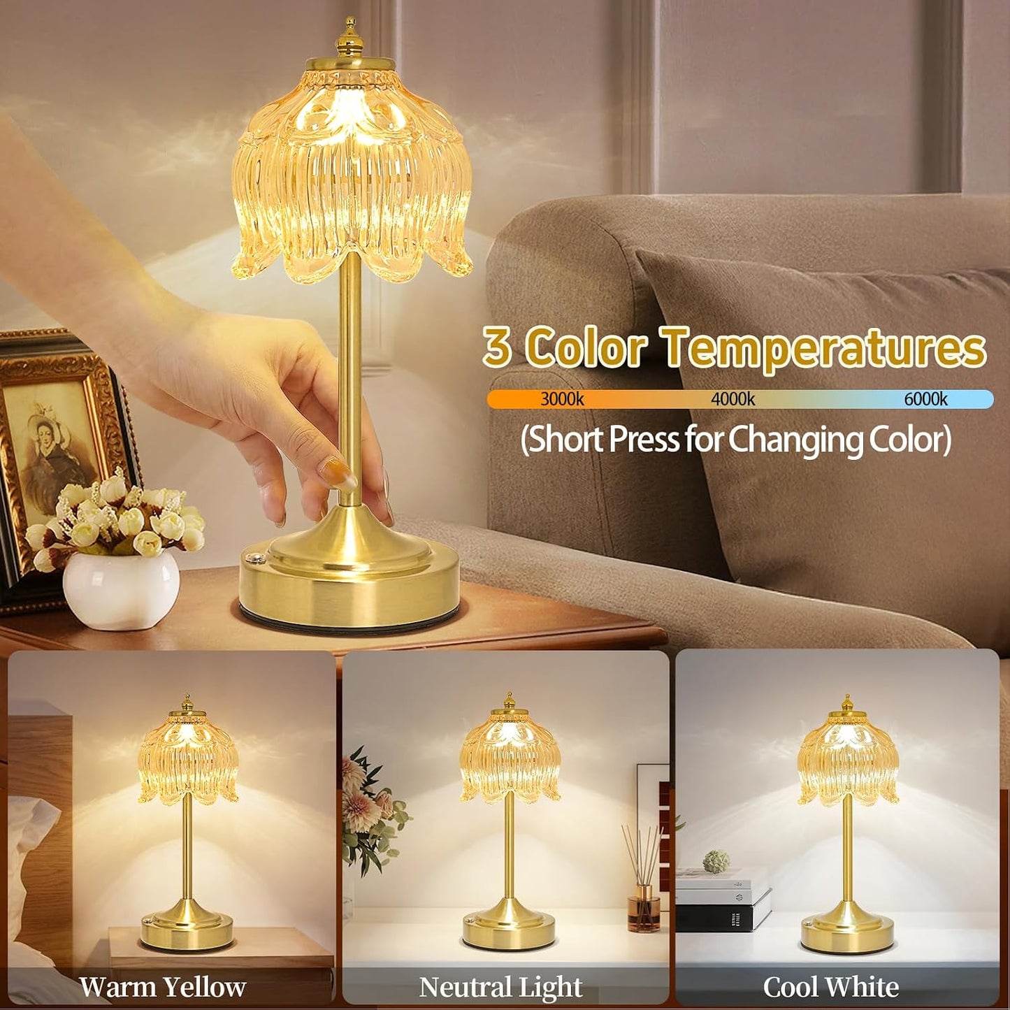 Cordless Lotus Flower Table Lamp, 5200mAh Rechargeable Battery Operated Portable Lamp, 3-Color Dimmable Touch Control Small Desk Lamp for Bedroom, Office, Kitchen, Nightstand,Room Decor (Flower Amber)