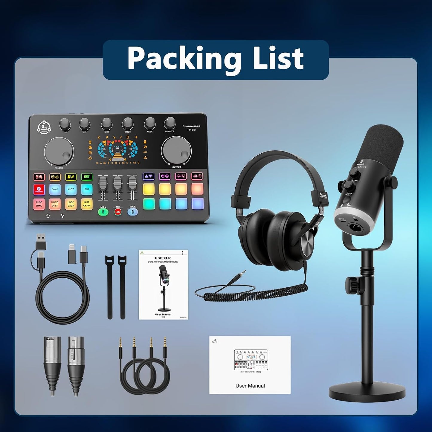 Podcast Equipment Bundle, RGB Audio Interface Mixer with Dynamic XLR/USB Microphone, Desktop Stand, Noise Reduction, Voice Changer, for Vocal Recording, Podcasting, Streaming, Gaming,TikTok