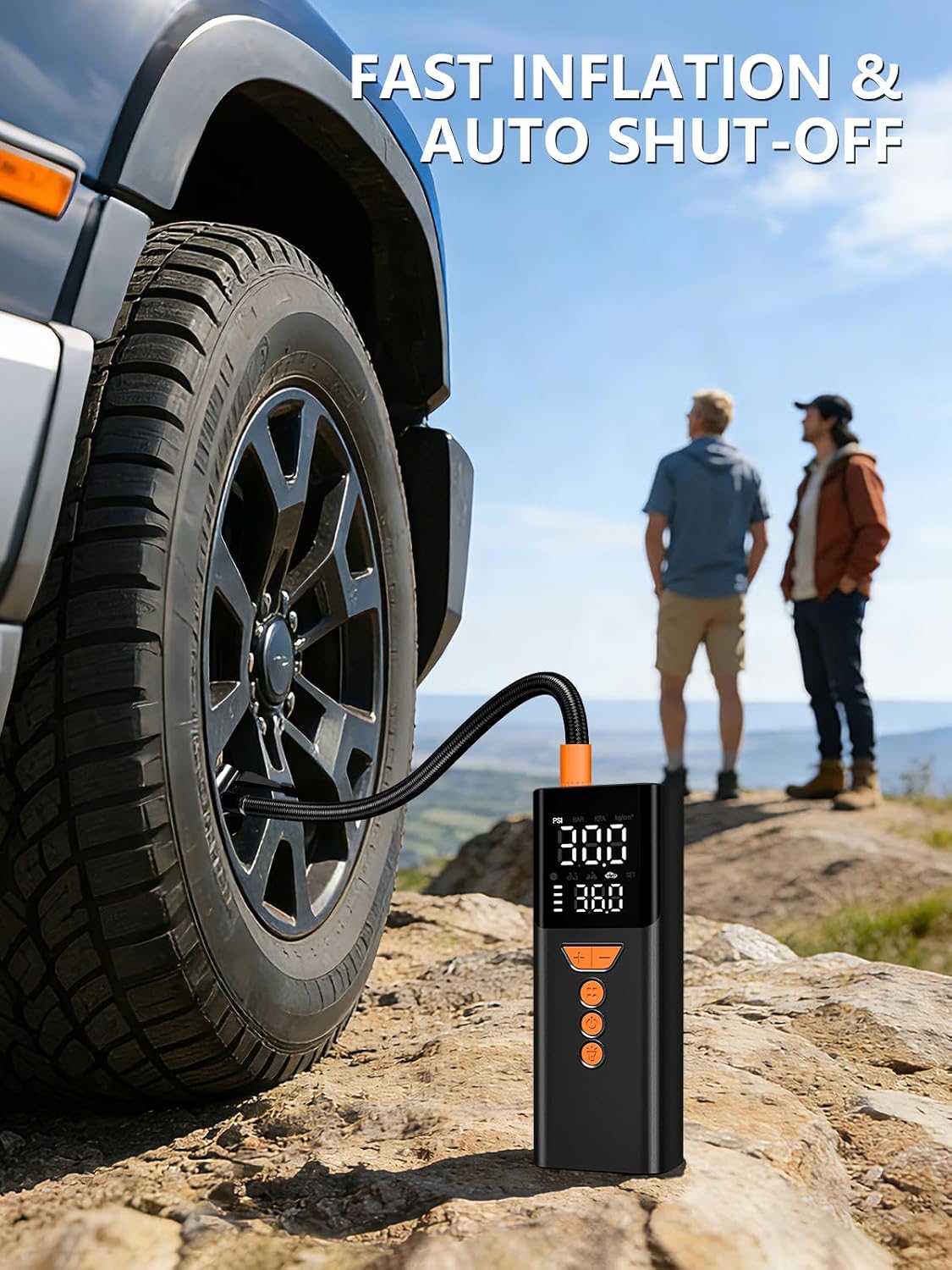 Tire Inflator Portable Air Compressor,Bike Pump with Memory Function | 150PSI, Auto Shut-off, Portable, Standard Capacity, LED Light, Cordless Air Pump for Car Tires, Motorcycles, Bikes, Balls