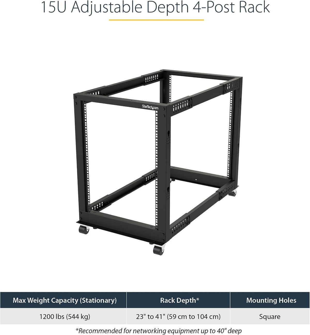 StarTech 15U 4-Post Server Rack, 19in Open Frame Rack with 40in (101cm) Mounting Depth and 1200lb (544kg) Weight Capacity, Mobile or Floor Mount IT Rack
