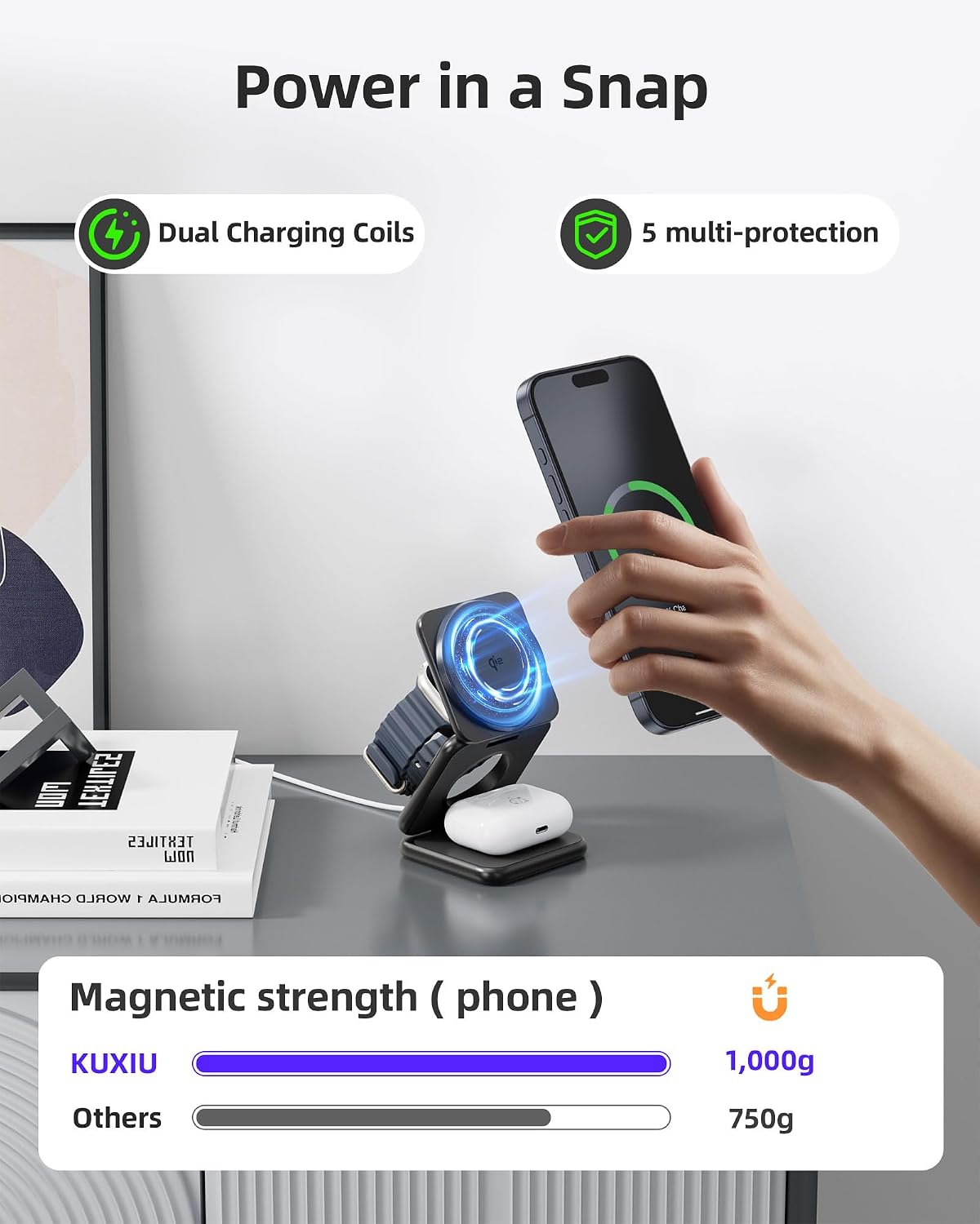 KUXIU Qi2-Certified 15W 3 in 1 Magnetic Wireless Charging Station for Apple
